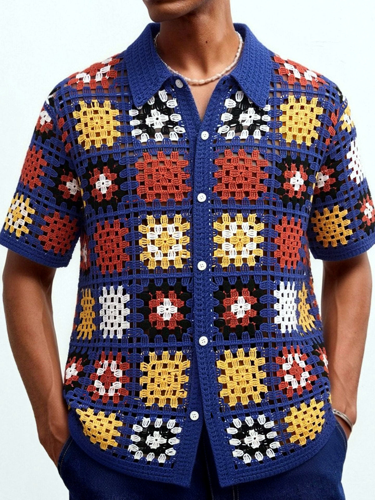 Men's Jacquard Knit Short Sleeve Polo Shirt Business Casual Summer Top in Navy - product view