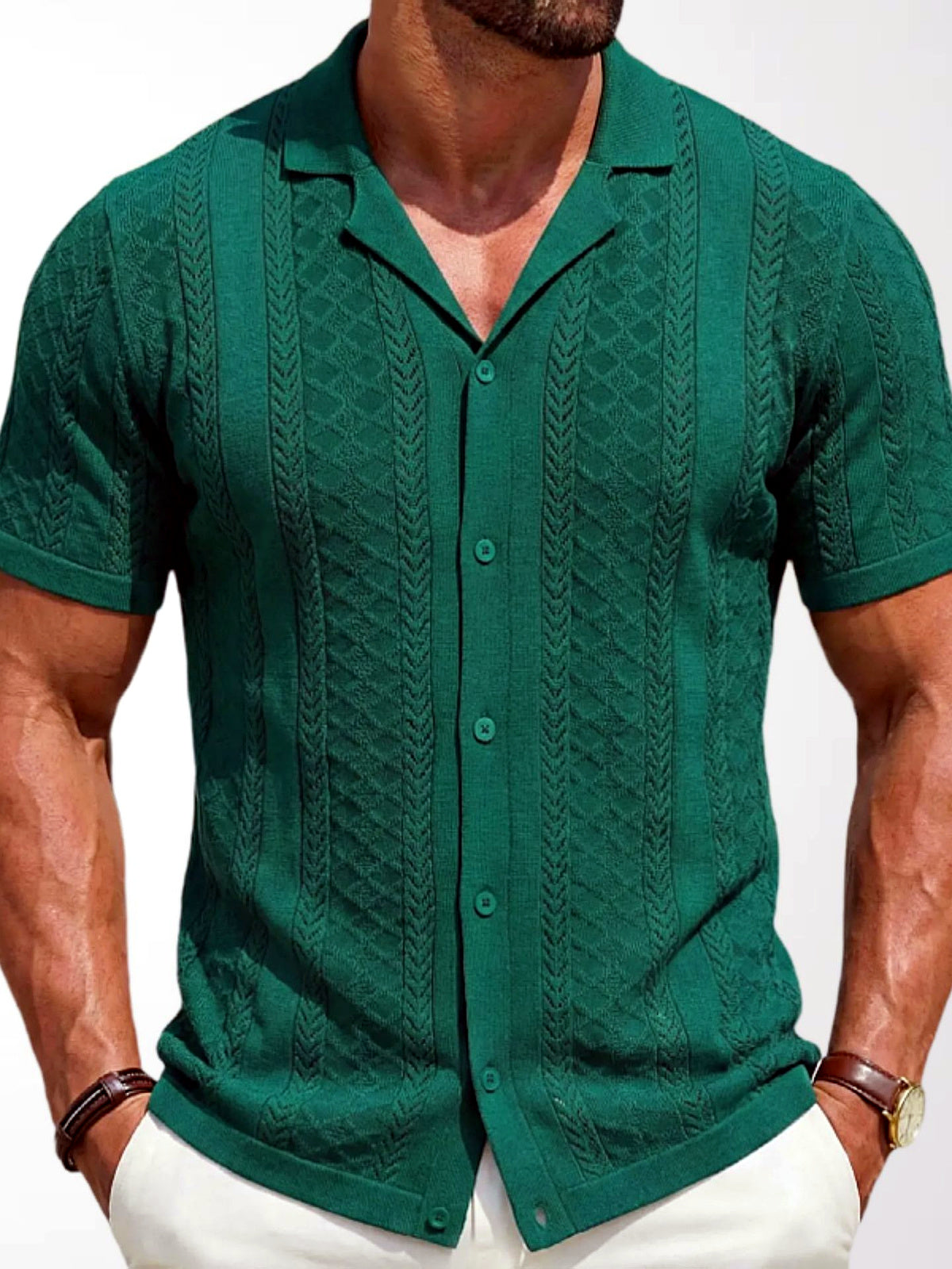 Men's Jacquard Knit Short Sleeve Polo Shirt Business Casual Summer Top in Green - product view
