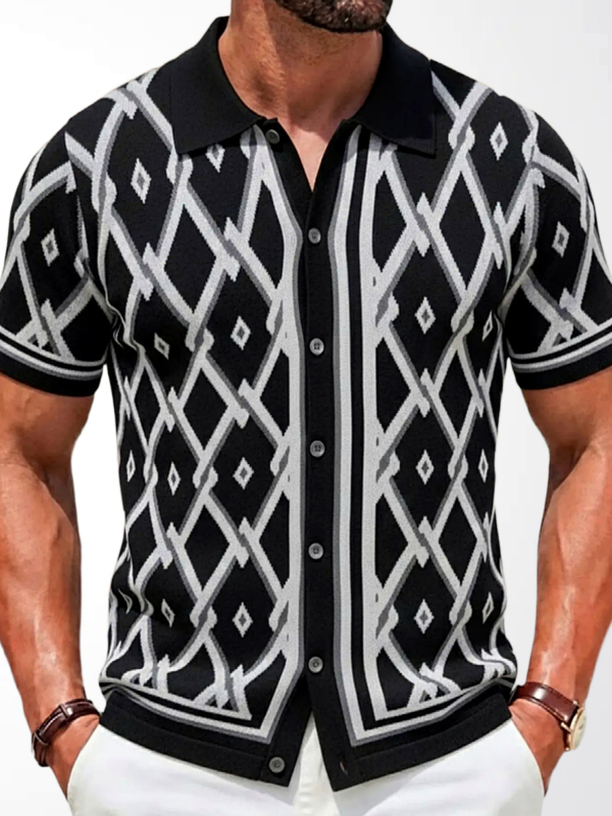 Men's Jacquard Knit Short Sleeve Polo Shirt Business Casual Summer Top in Black - product view