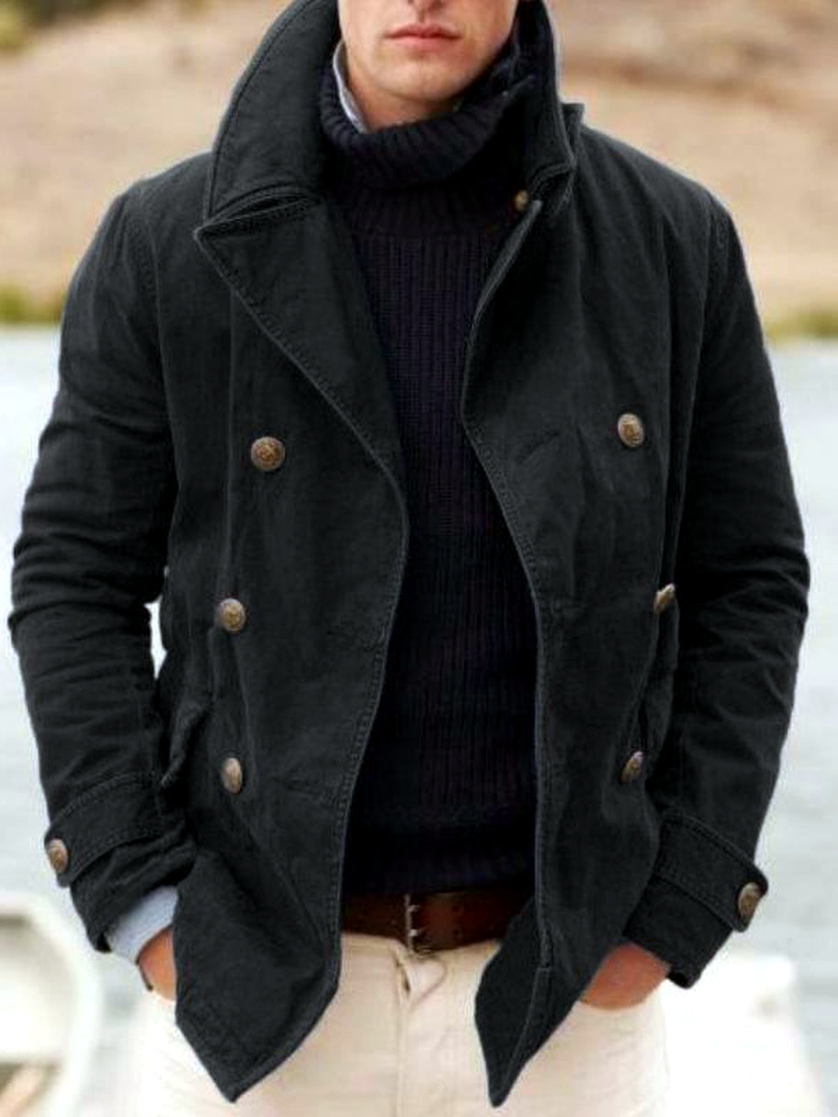Men's Lapel Collar Solid Color Woven Long Sleeve Jacket Casual Winter in Black - product view