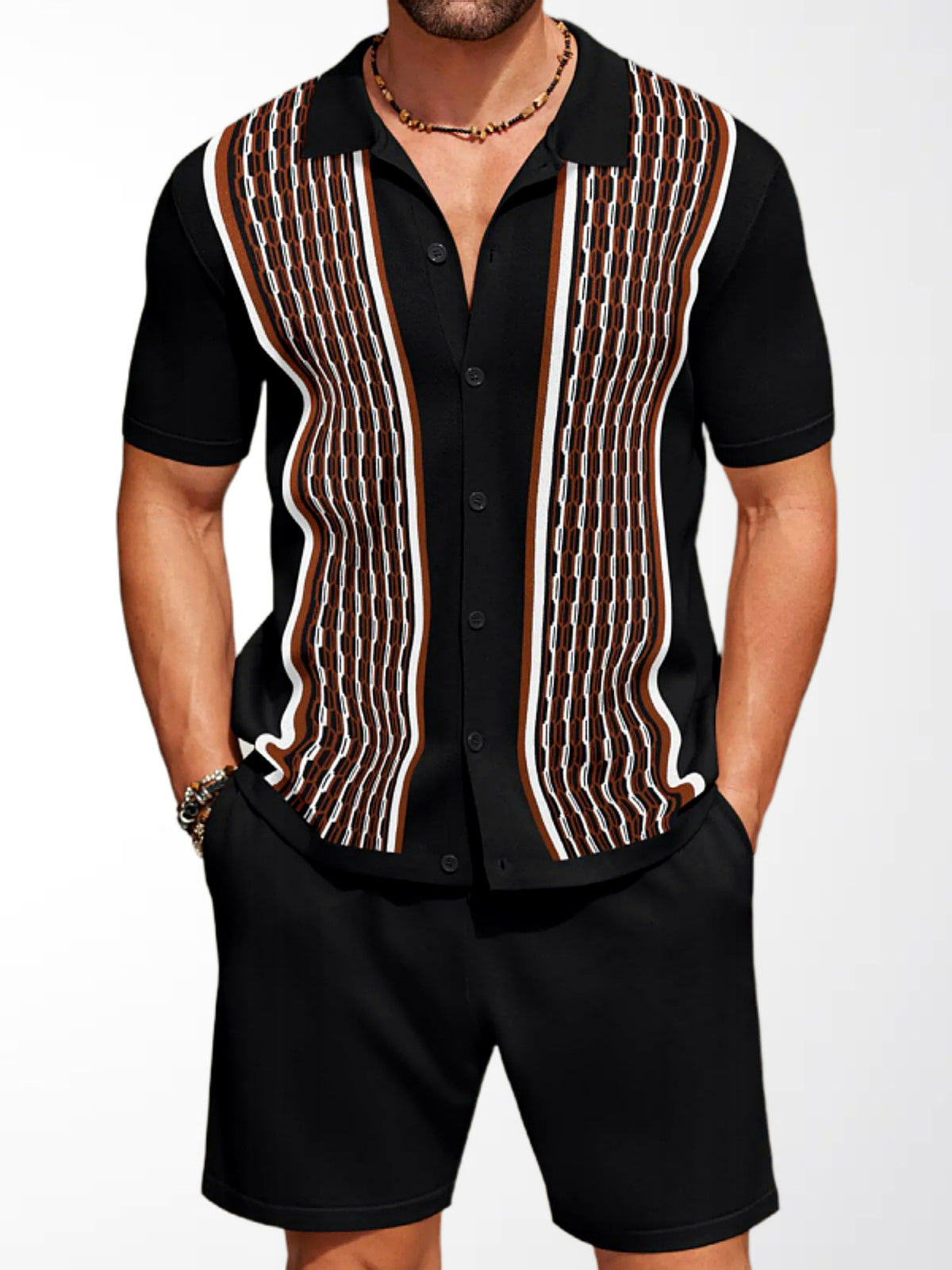 Men's Lyocell Cotton Casual Bermuda Shorts Elastic Waist Summer Shorts in Black - product view