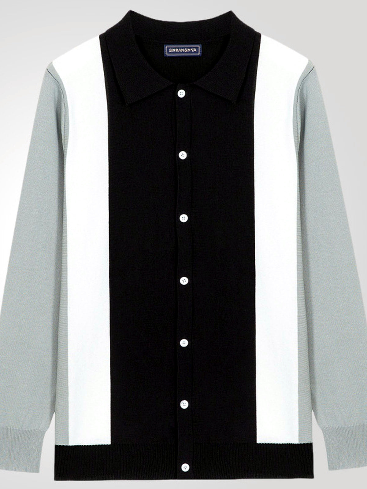 Men's Striped Jacquard Knit Short Sleeve Polo Shirt Business Casual Summer Top in Black - product view