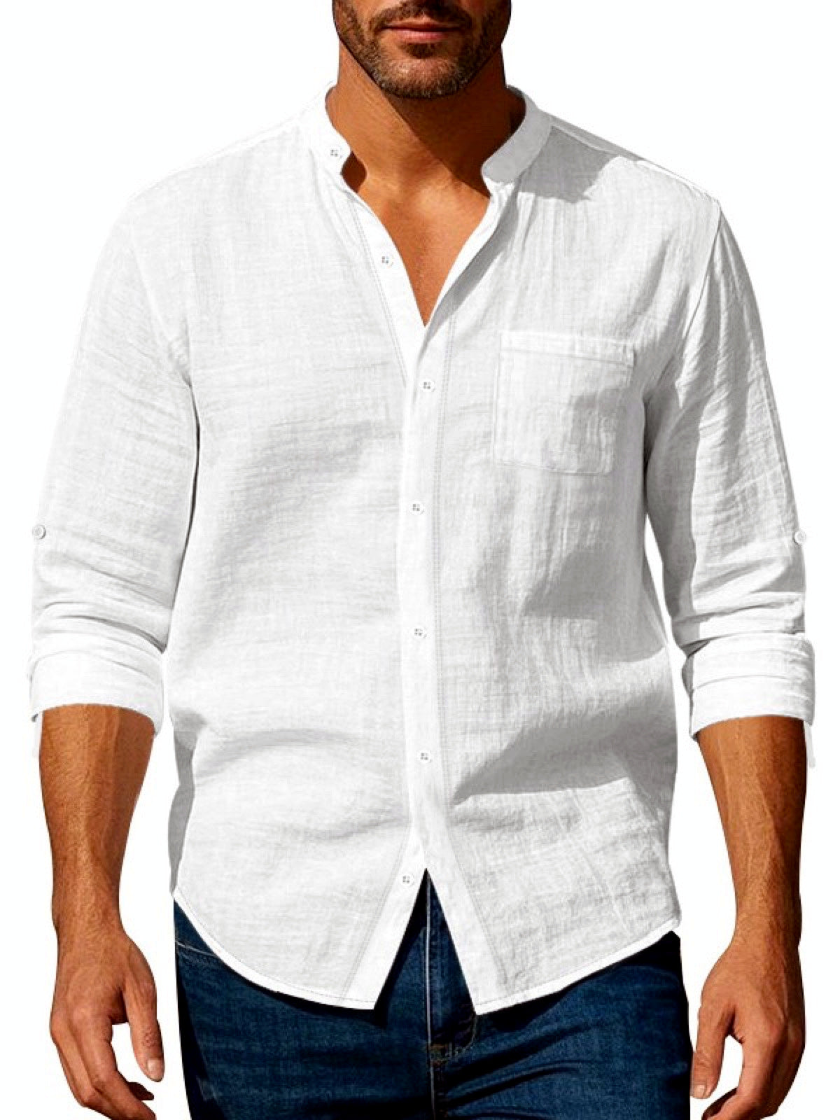 Men's Linen Blend Short Sleeve Shirt Lightweight Casual Summer Button Shirt in White - product view
