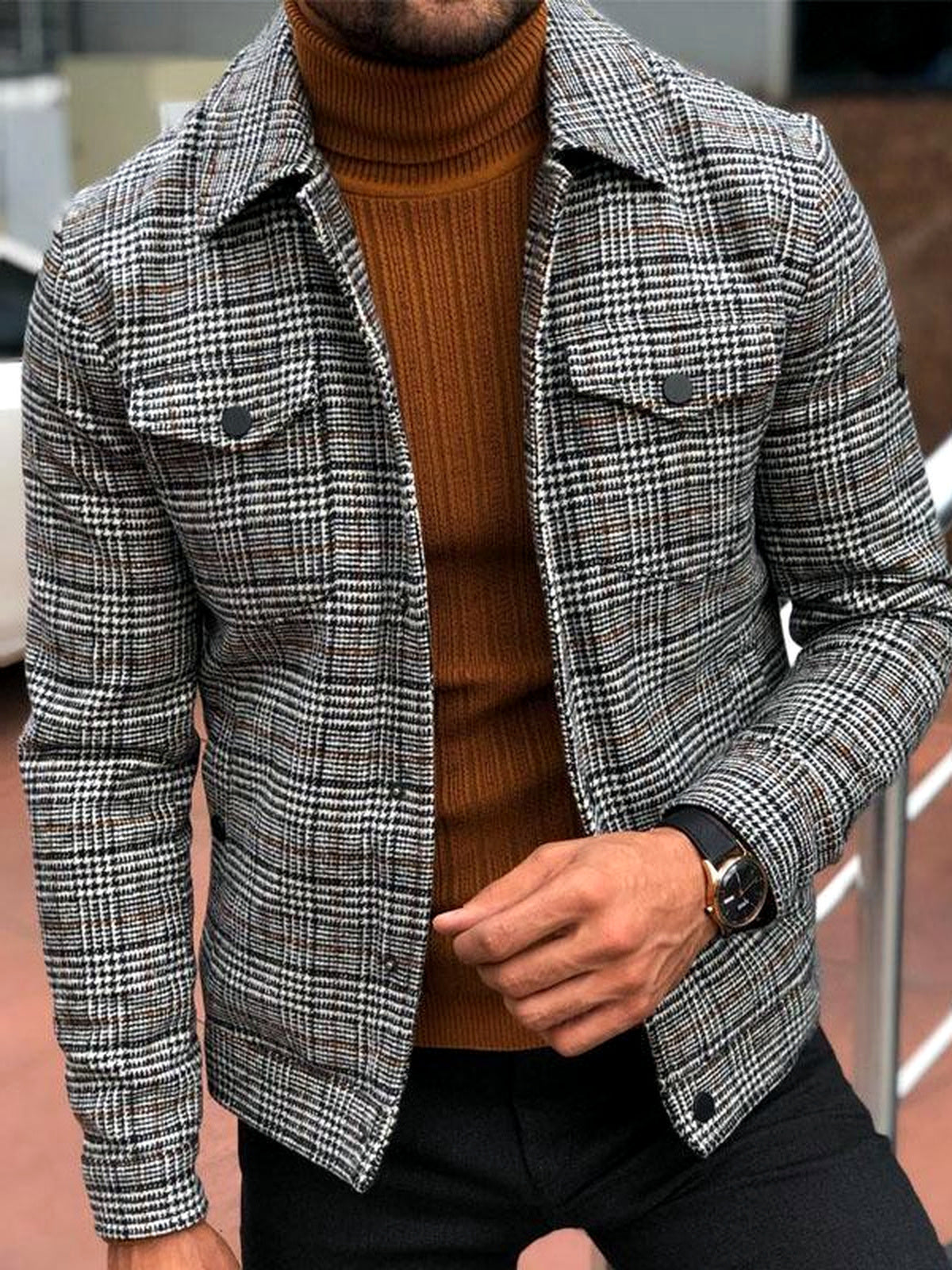 Men's Lapel Collar Woven Long Sleeve Jacket Casual Spring and Fall in Gray - product view