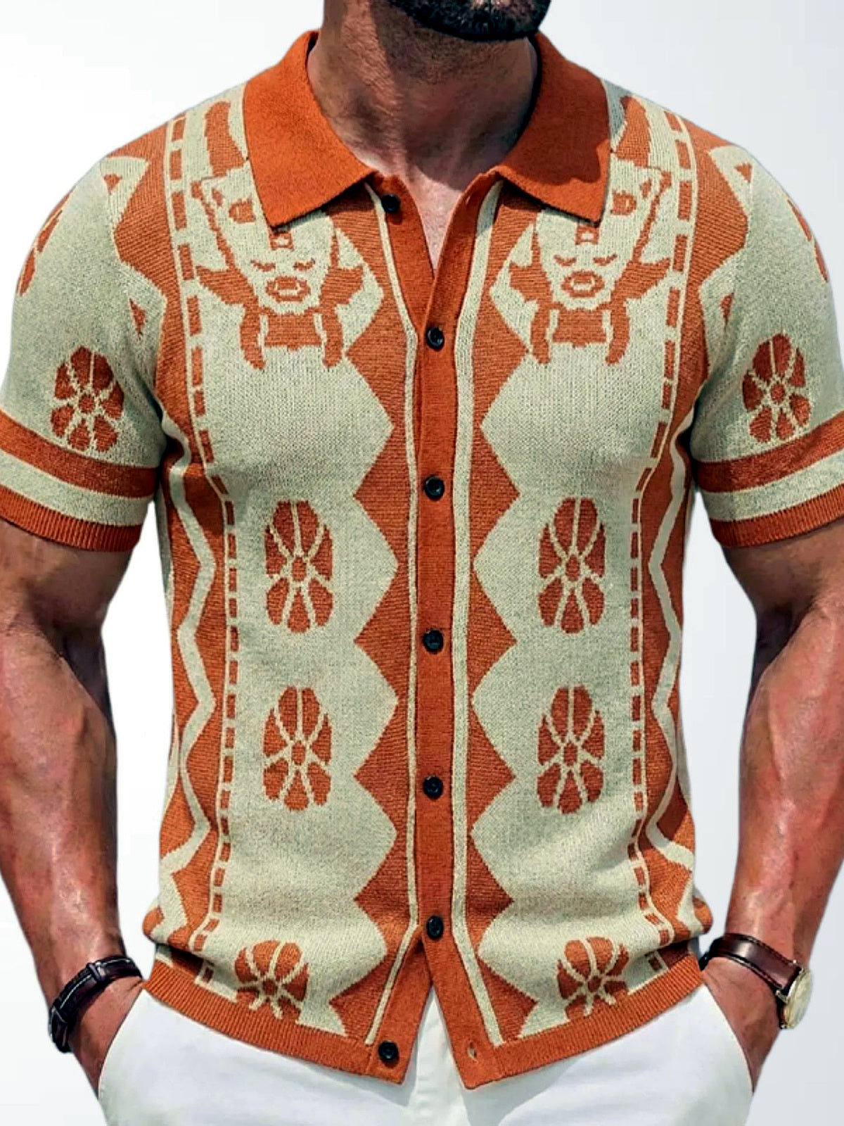 Men's Jacquard Knit Short Sleeve Polo Shirt Business Casual Summer Top in Brown - product view