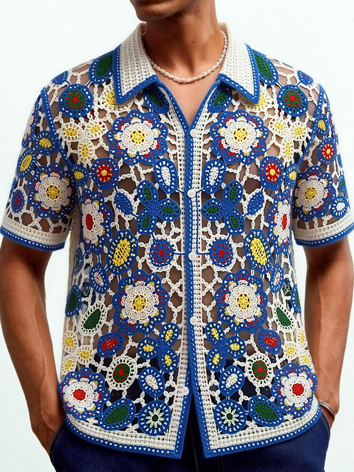 Men's Jacquard Knit Short Sleeve Polo Shirt Business Casual Summer Top in Blue - product view