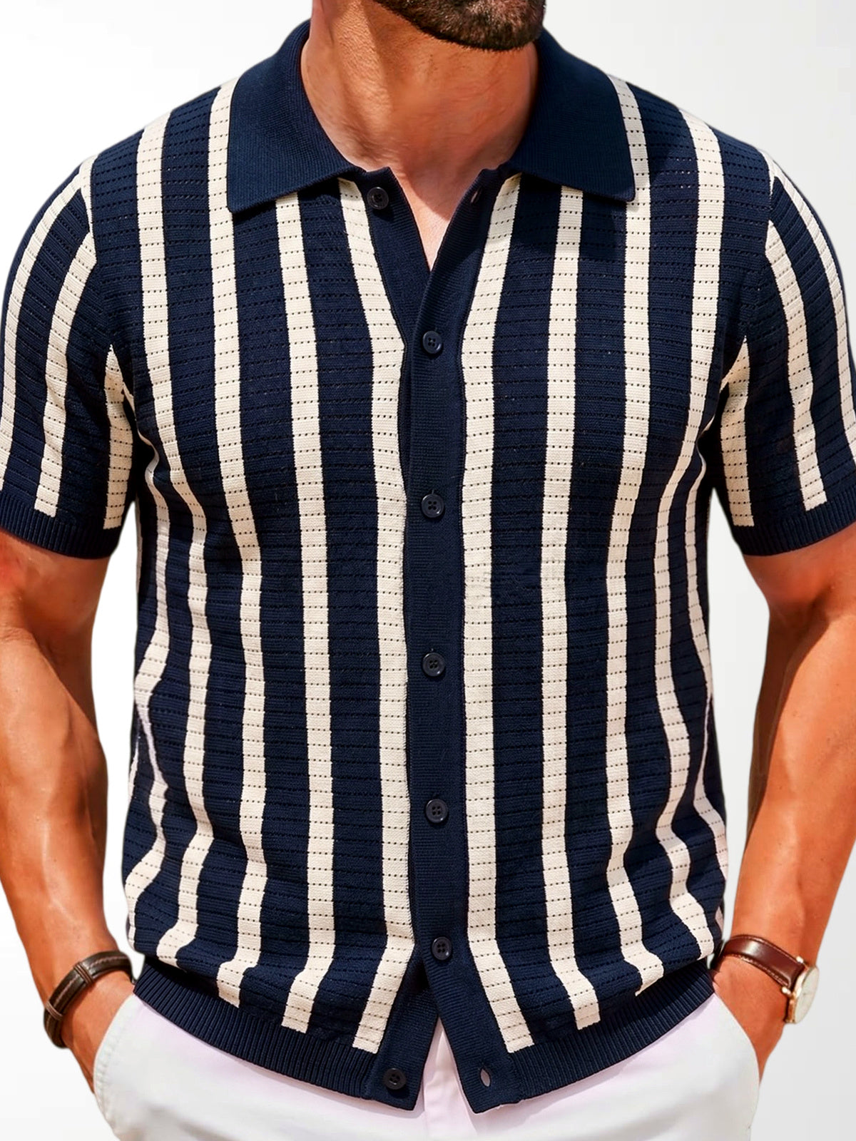 Men's Striped Jacquard Knit Short Sleeve Polo Shirt Business Casual Summer Top in Navy - product view