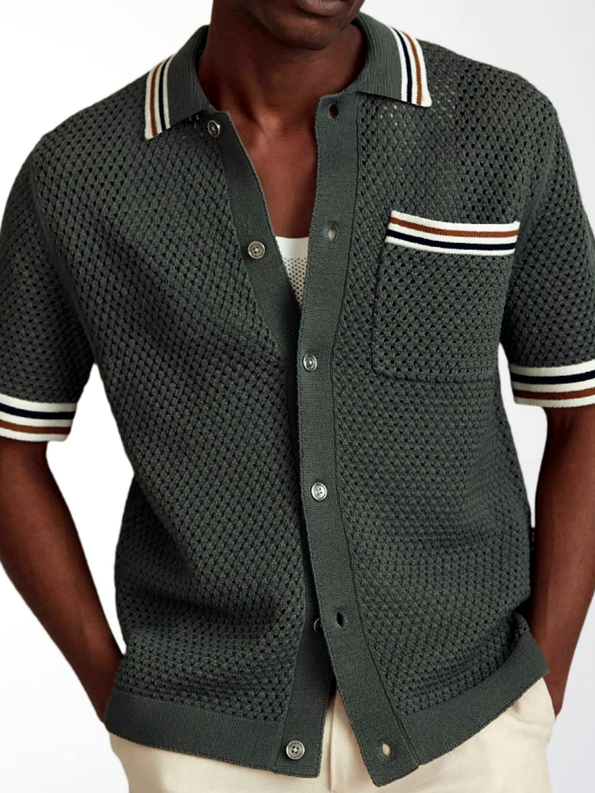 Men's Striped Jacquard Knit Short Sleeve Polo Shirt Business Casual Summer Top in Army Green - product view