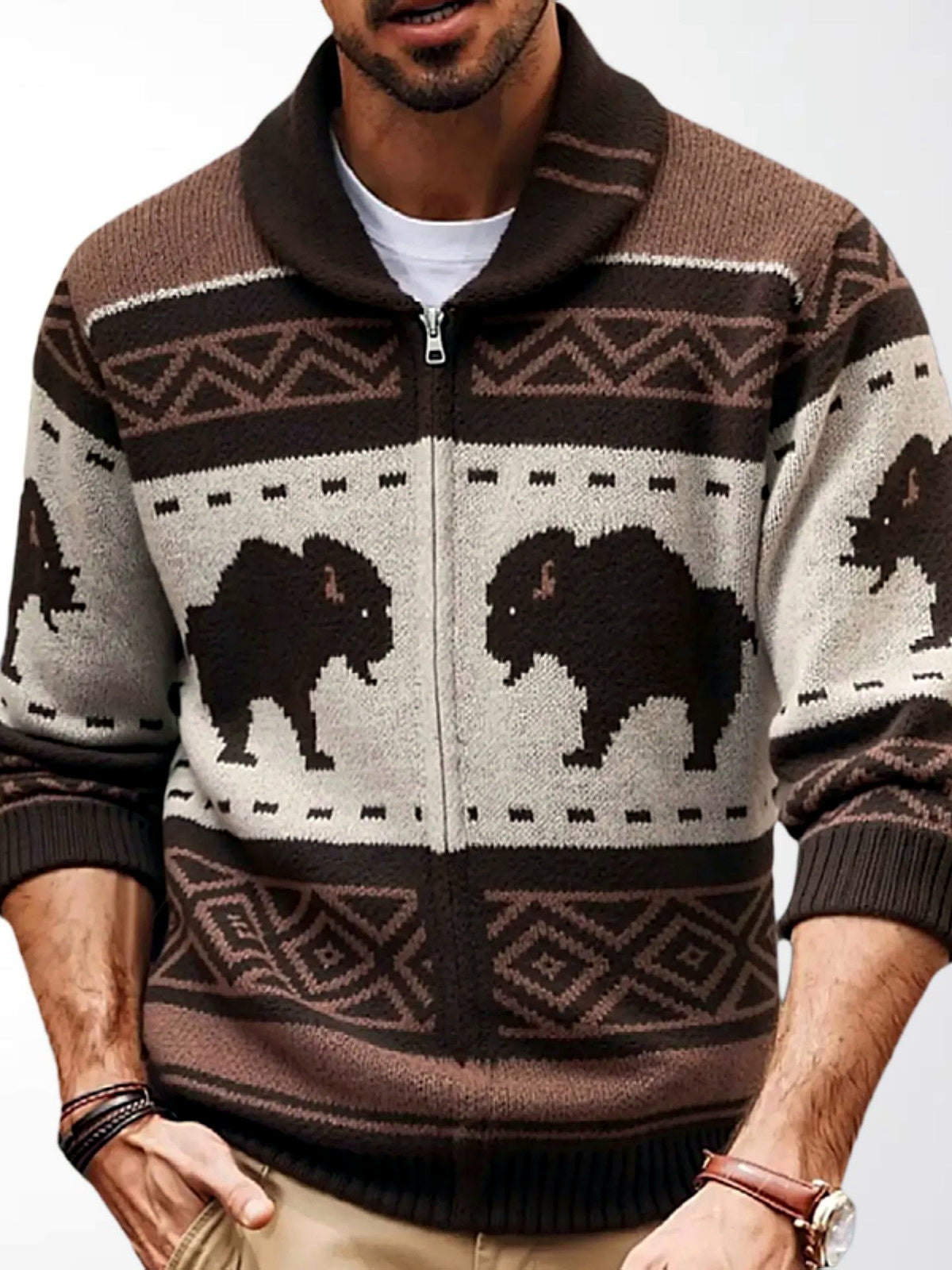 Men's Jacquard Knit Short Sleeve Polo Shirt Business Casual Summer Top in Brown - product view