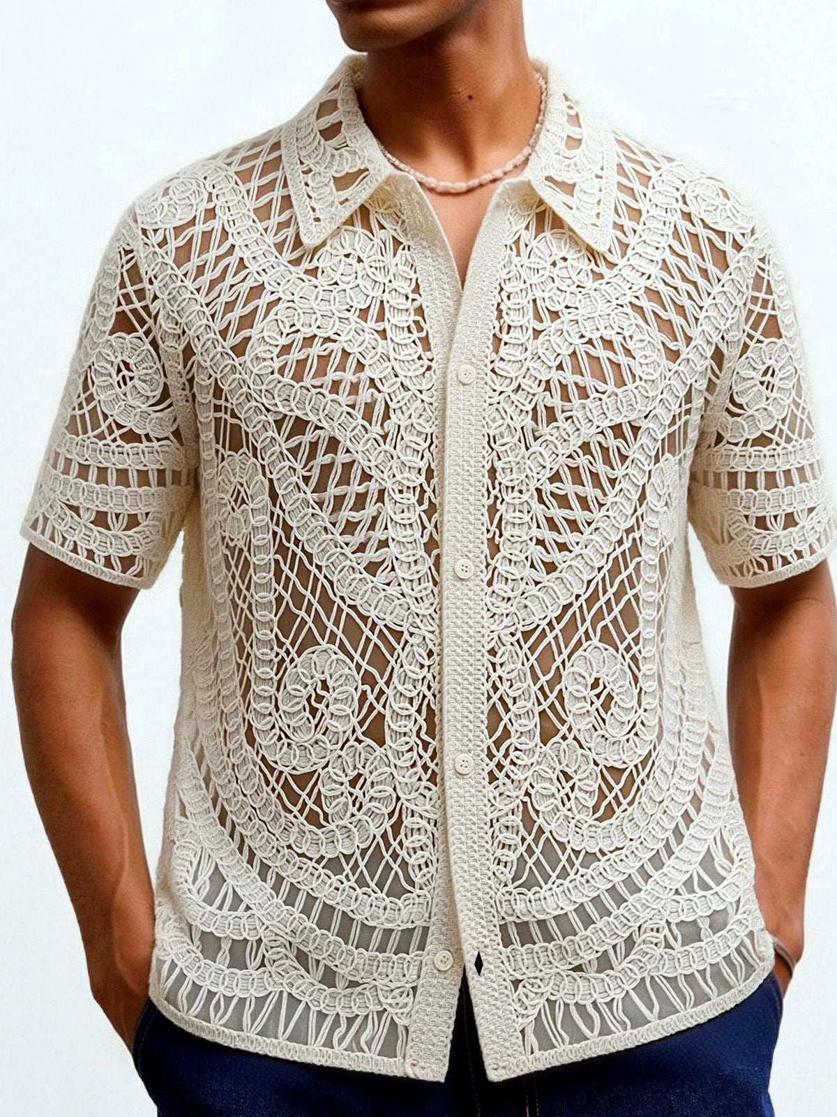 Men's Jacquard Knit Short Sleeve Polo Shirt Business Casual Summer Top in Apricot - product view