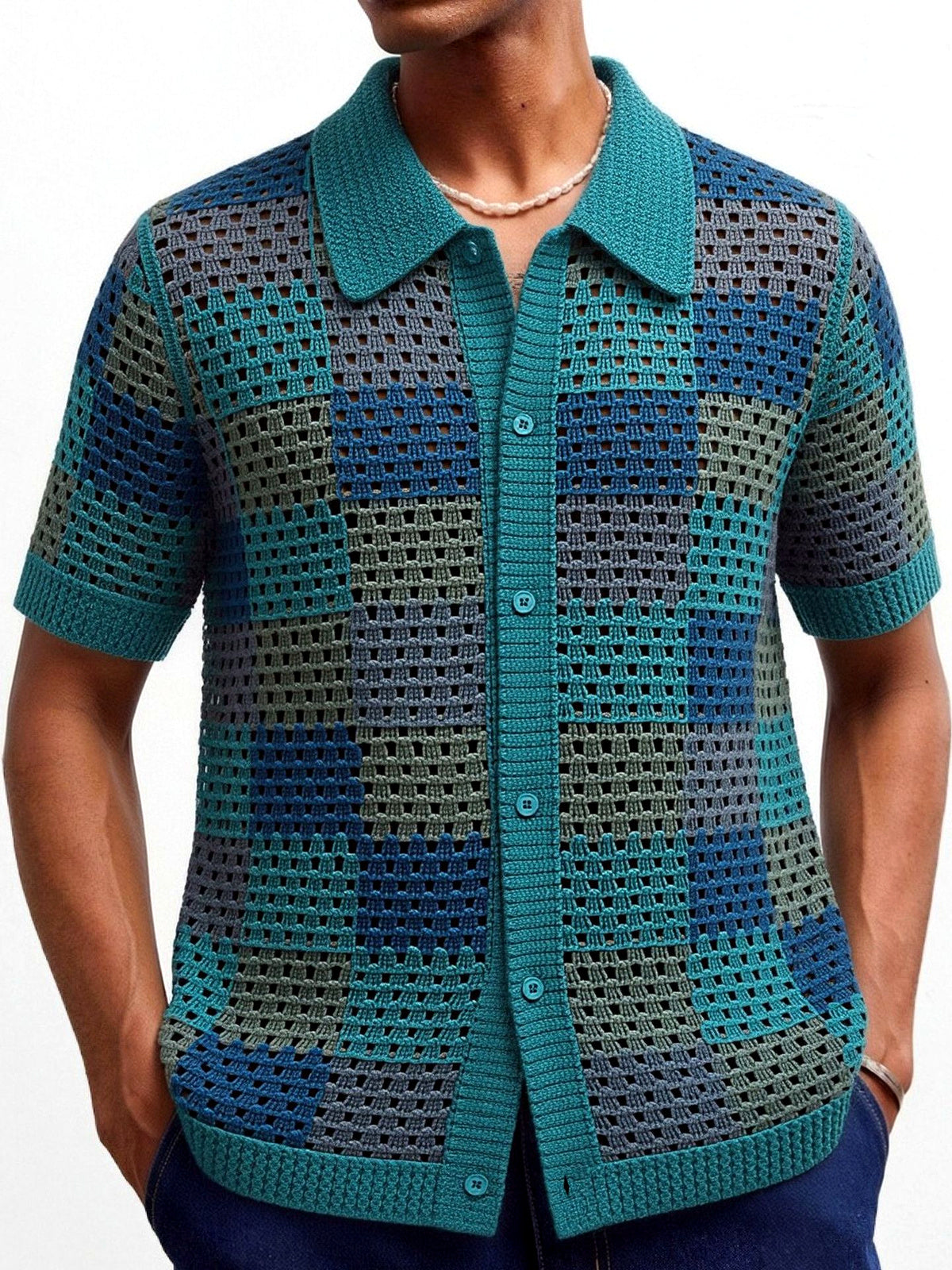 Men's Jacquard Knit Short Sleeve Polo Shirt Business Casual Summer Top in Green - product view