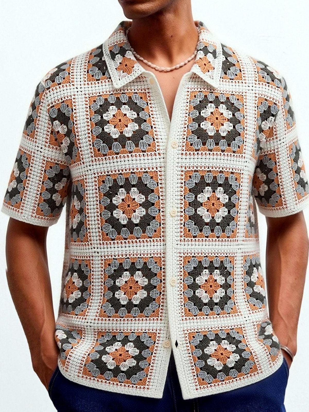 Men's Jacquard Knit Short Sleeve Polo Shirt Business Casual Summer Top in White - product view