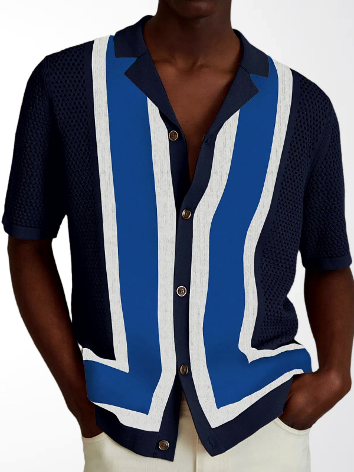 Men's Striped Jacquard Knit Short Sleeve Polo Shirt Business Casual Summer Top in Navy - product view
