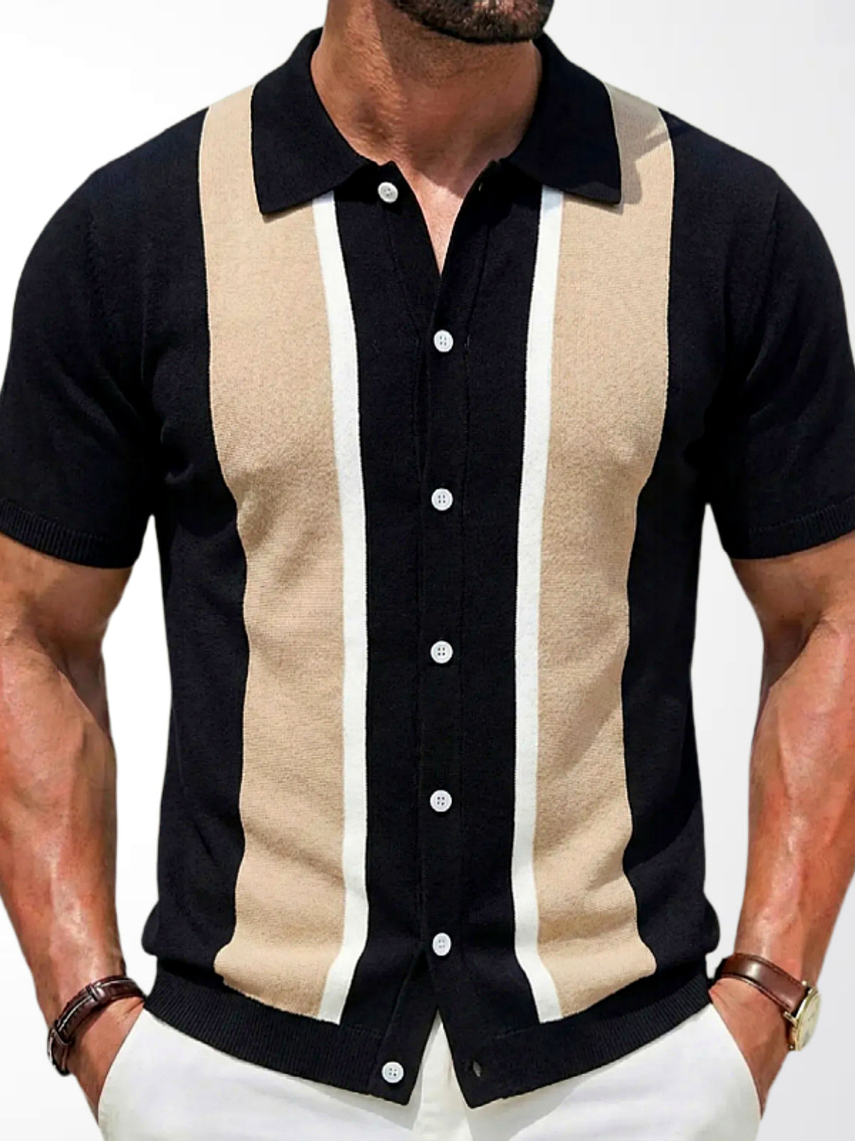 Men's Jacquard Knit Short Sleeve Polo Shirt Business Casual Summer Top in Black - product view