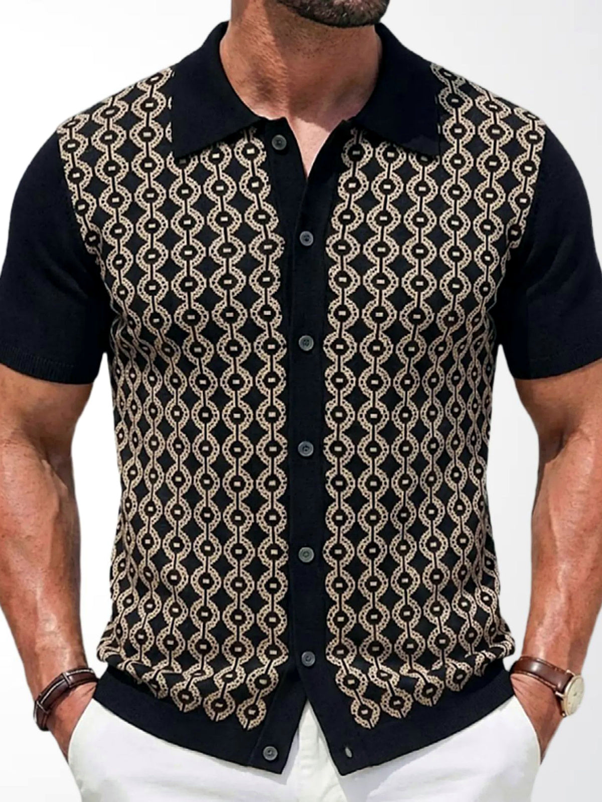 Men's Jacquard Knit Short Sleeve Polo Shirt Business Casual Summer Top in Black - product view