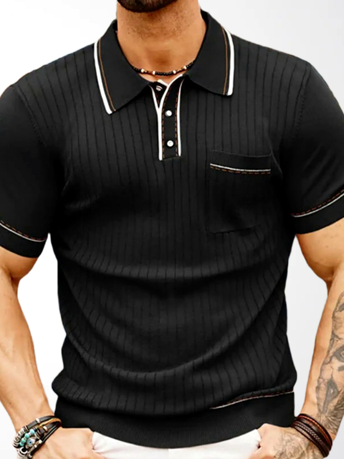 Men's Jacquard Knit Short Sleeve Polo Shirt Business Casual Summer Top in Black - product view