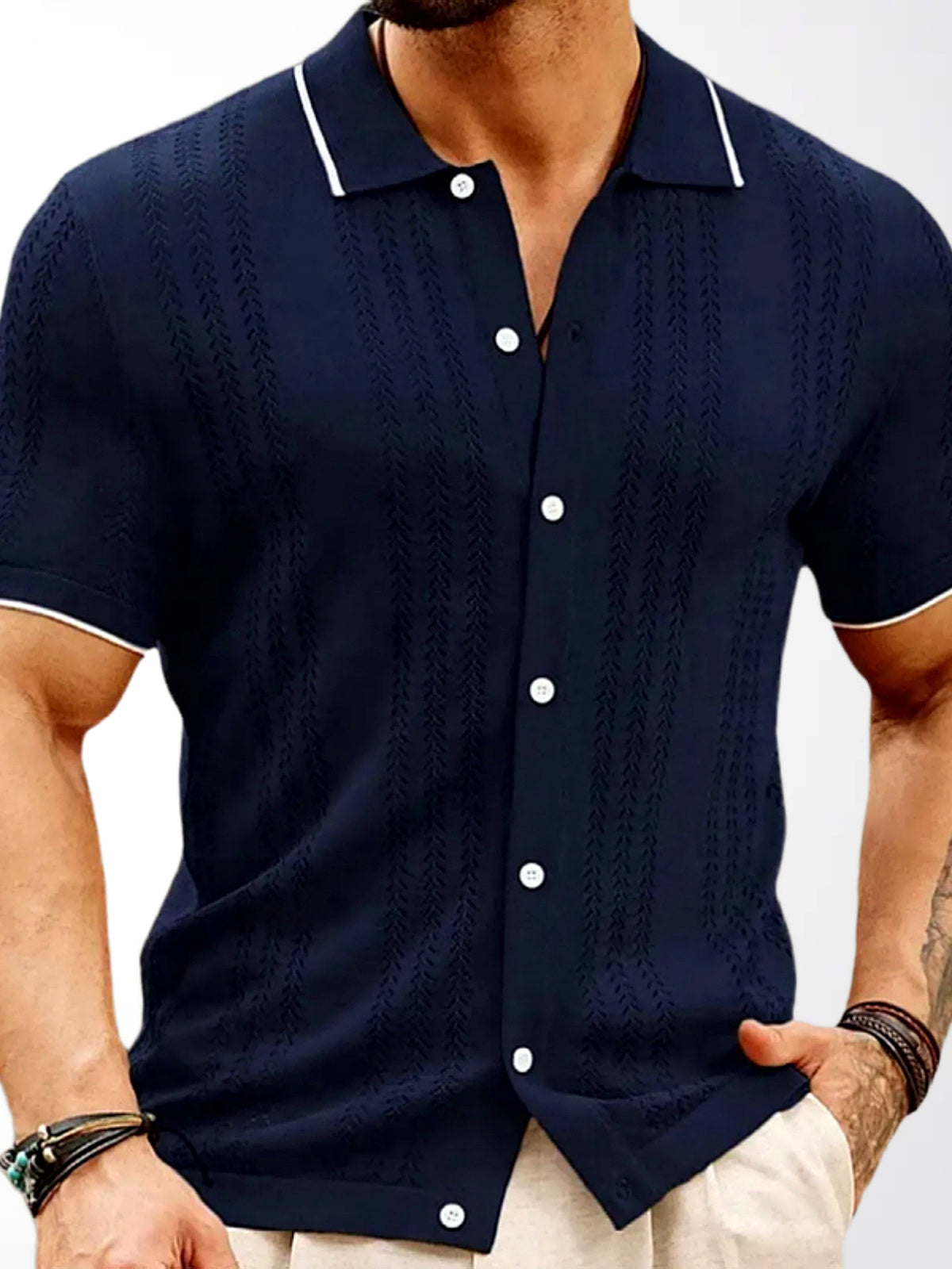 Men's Jacquard Knit Short Sleeve Polo Shirt Business Casual Summer Top in Navy - product view