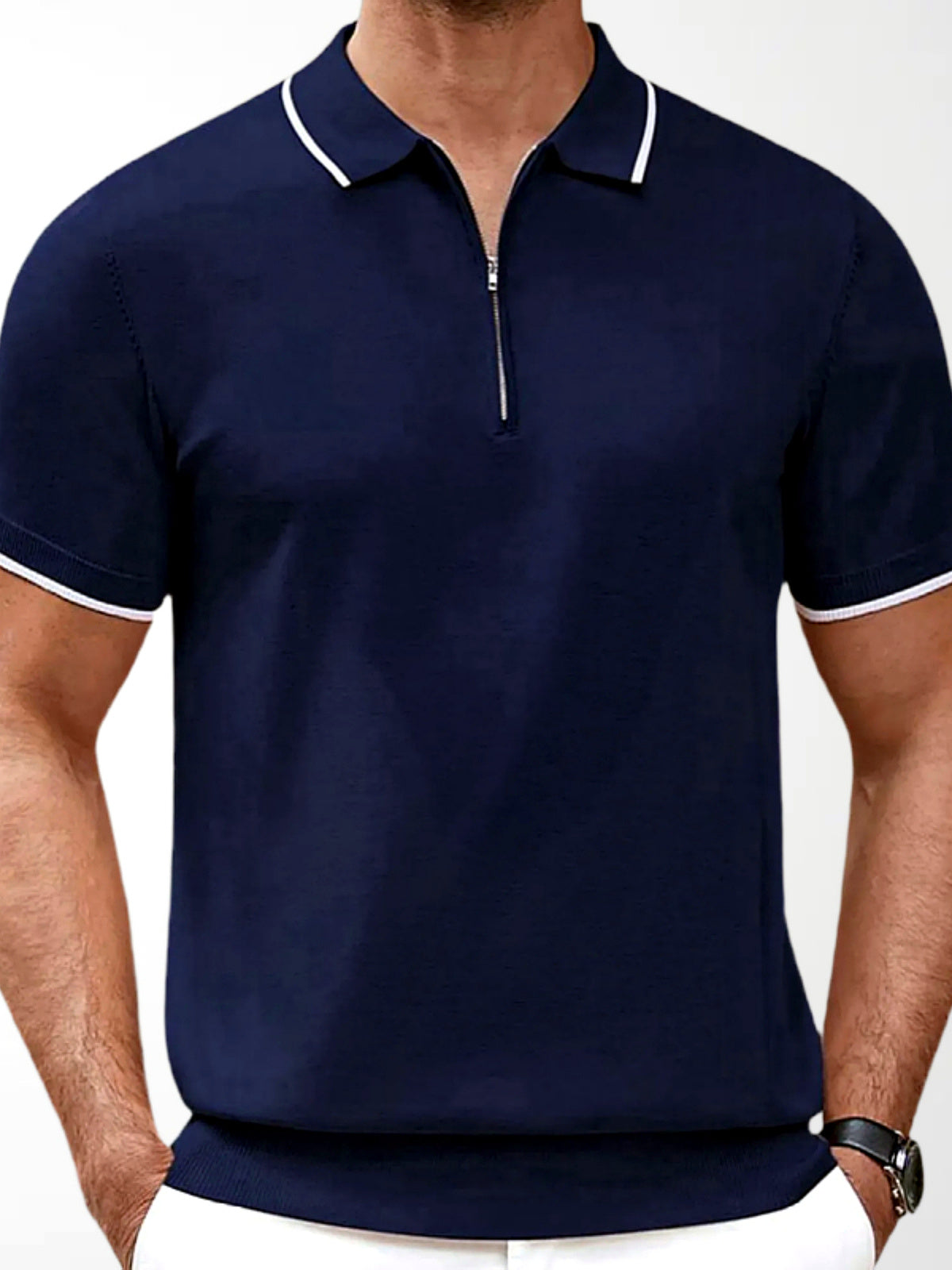 Men's Jacquard Knit Short Sleeve Polo Shirt Business Casual Summer Top in Navy - product view