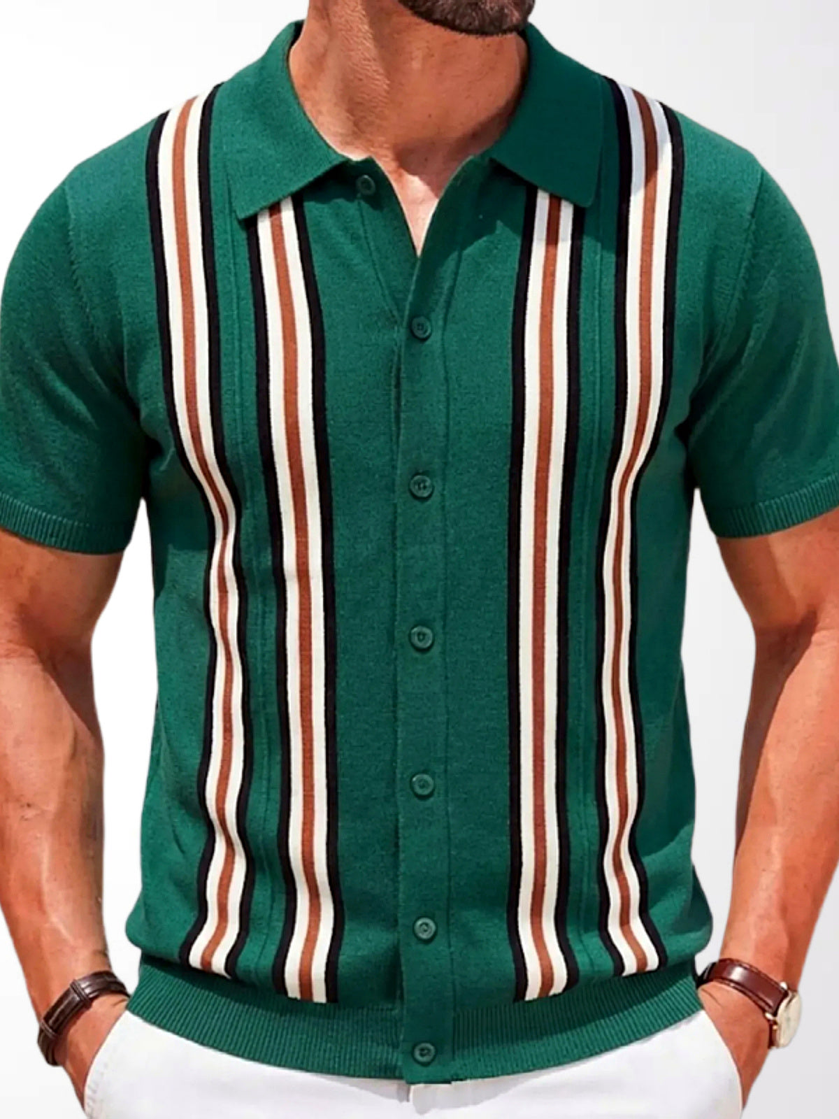 Men's Jacquard Knit Short Sleeve Polo Shirt Business Casual Summer Top in Green - product view