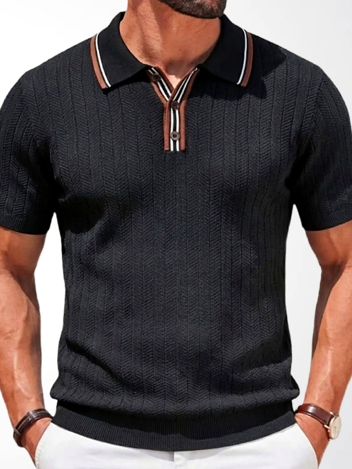 Men's Striped Jacquard Knit Short Sleeve Polo Shirt Business Casual Summer Top in Black - product view