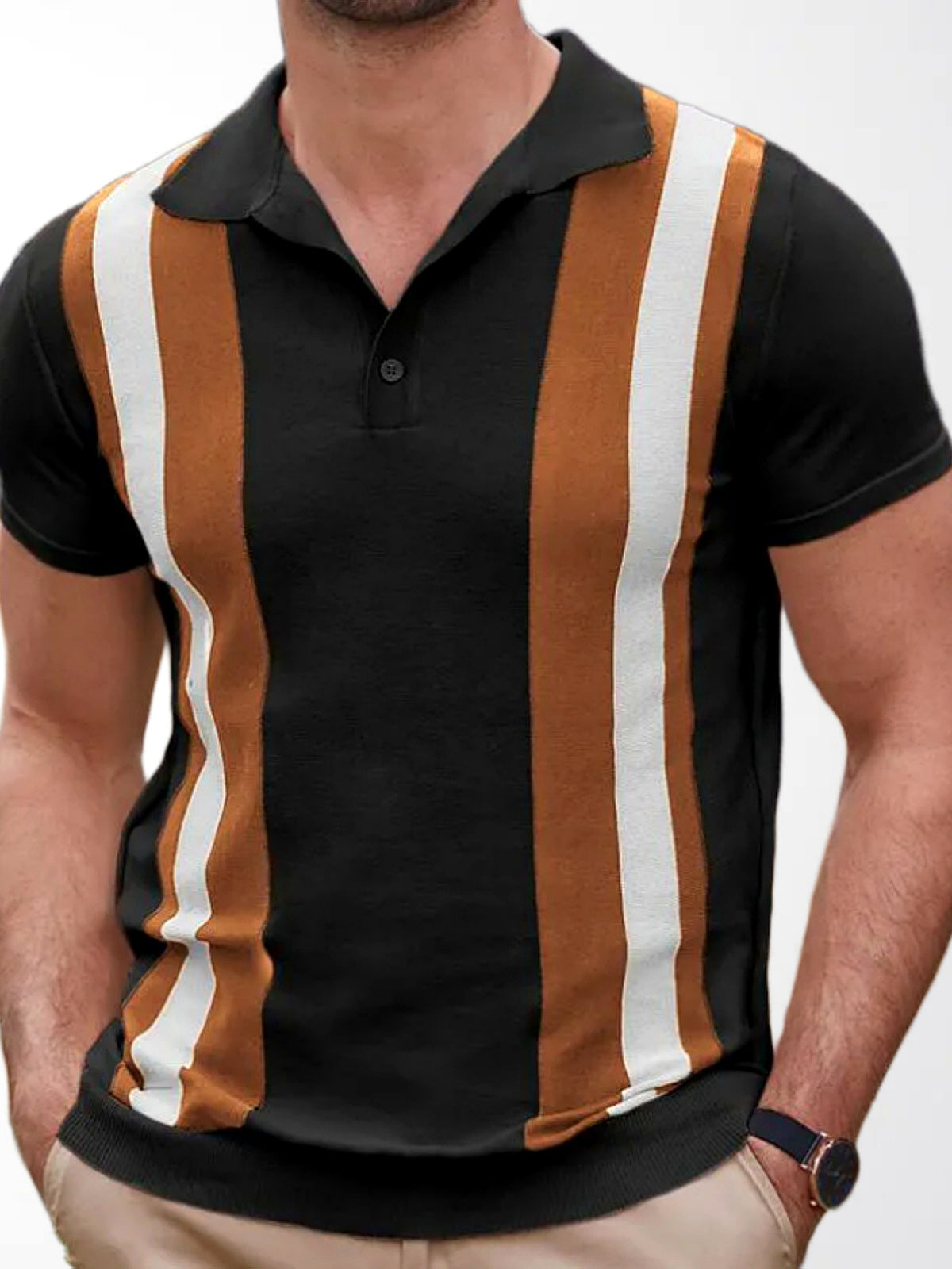 Men's Striped Jacquard Knit Short Sleeve Polo Shirt Business Casual Summer Top in Black - product view