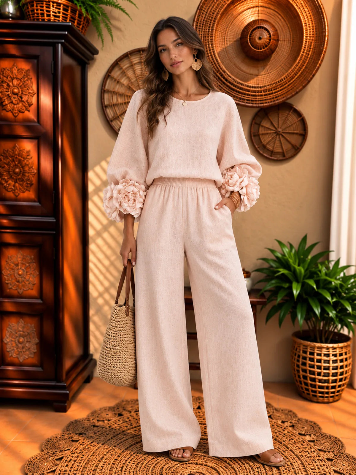 Floral-Cuff Top & Wide-Leg Pants Set - product view 1