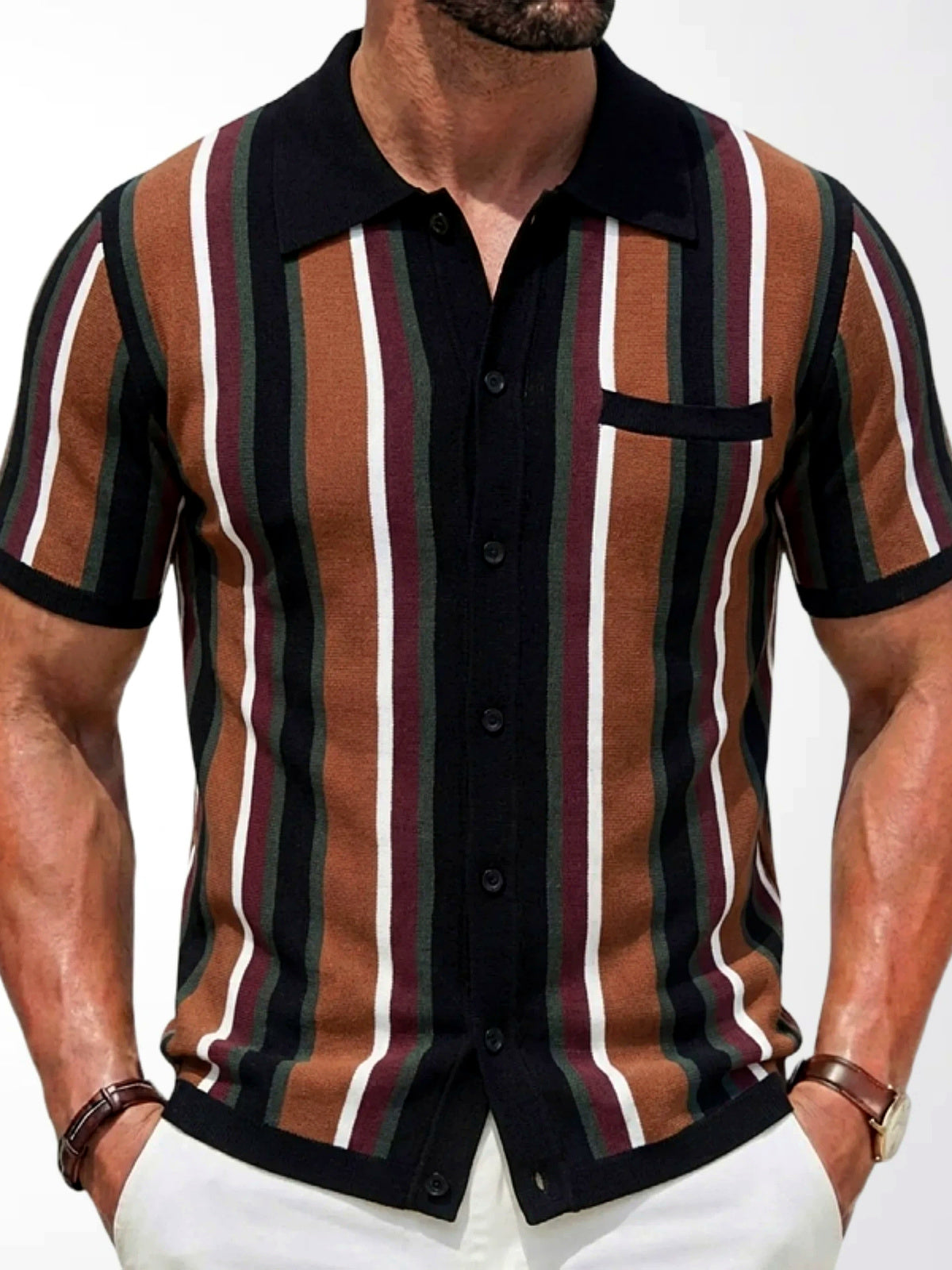 Men's Striped Jacquard Knit Short Sleeve Polo Shirt Business Casual Summer Top - product detail view 1