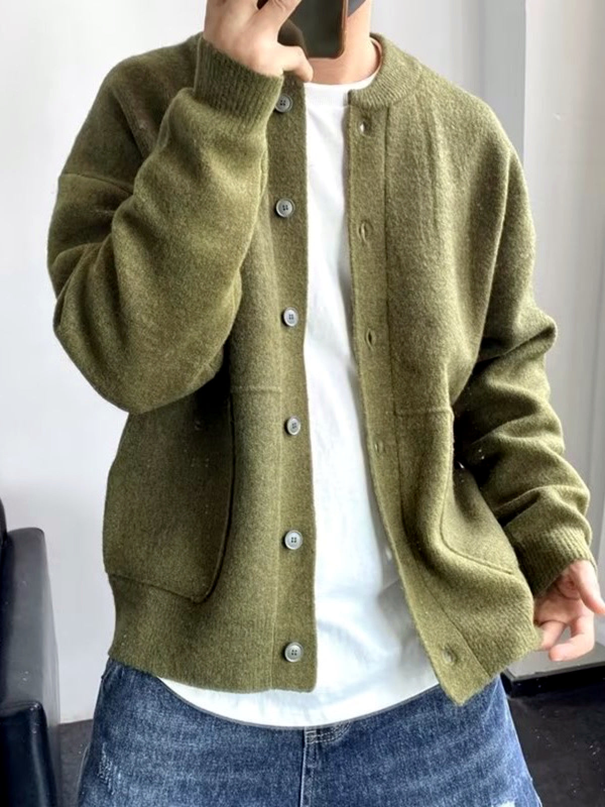 Men's Solid Color Knit Cardigan Casual in Green - product view
