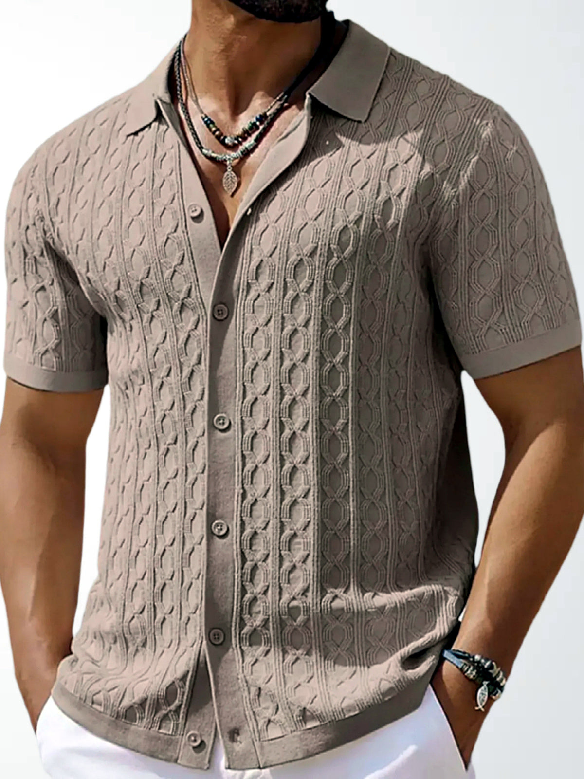 Men's Jacquard Knit Short Sleeve Polo Shirt Business Casual Summer Top in Khaki - product view