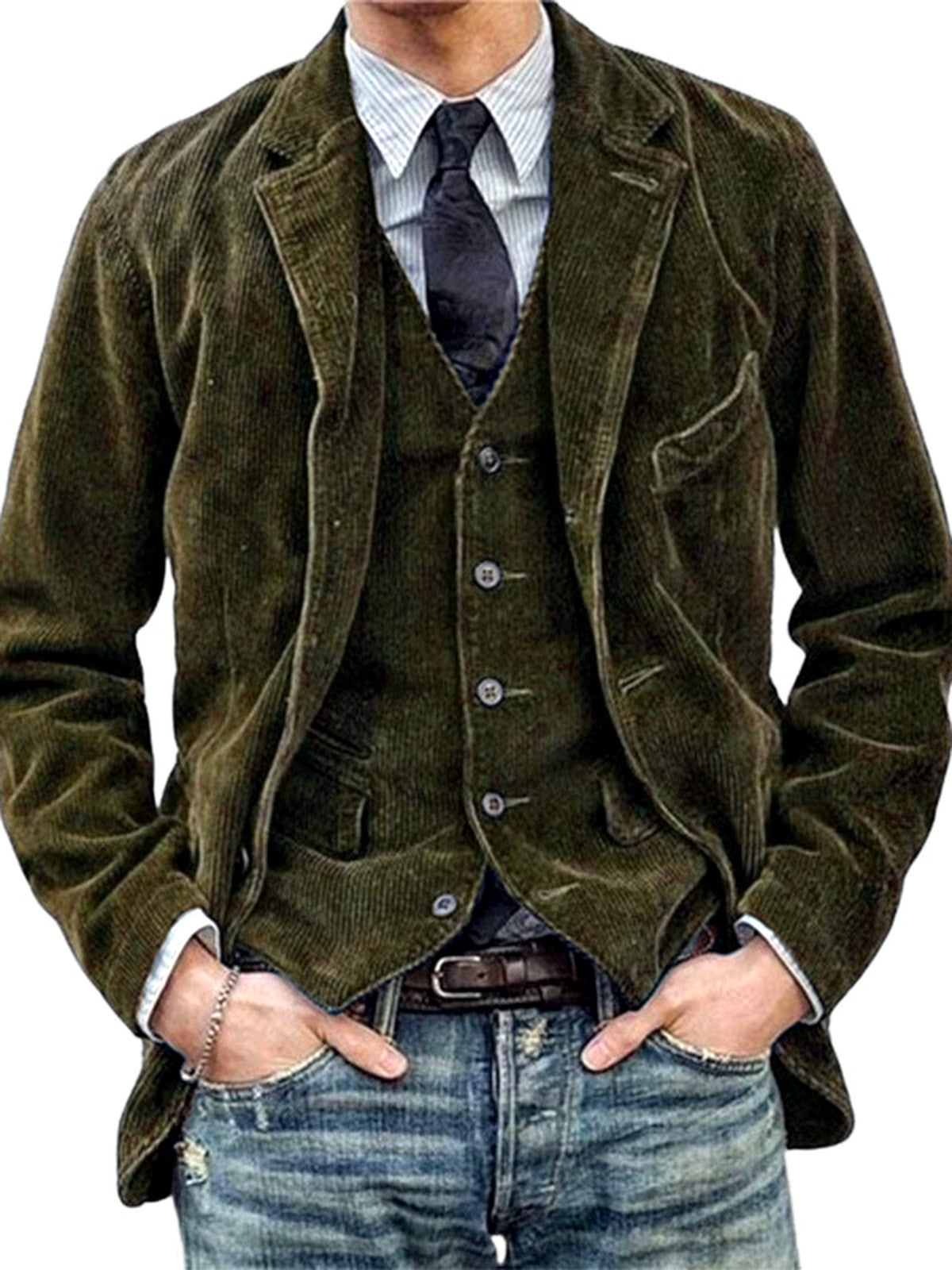Men's Lapel Collar Solid Color Woven Long Sleeve Blazer Casual Spring and Fall in Army Green - product view