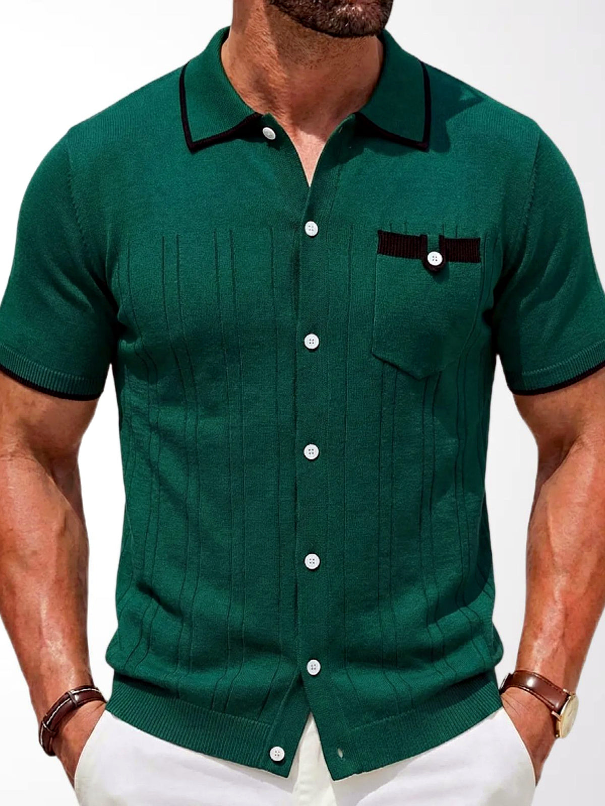 Men's Jacquard Knit Short Sleeve Polo Shirt Business Casual Summer Top in Green - product view