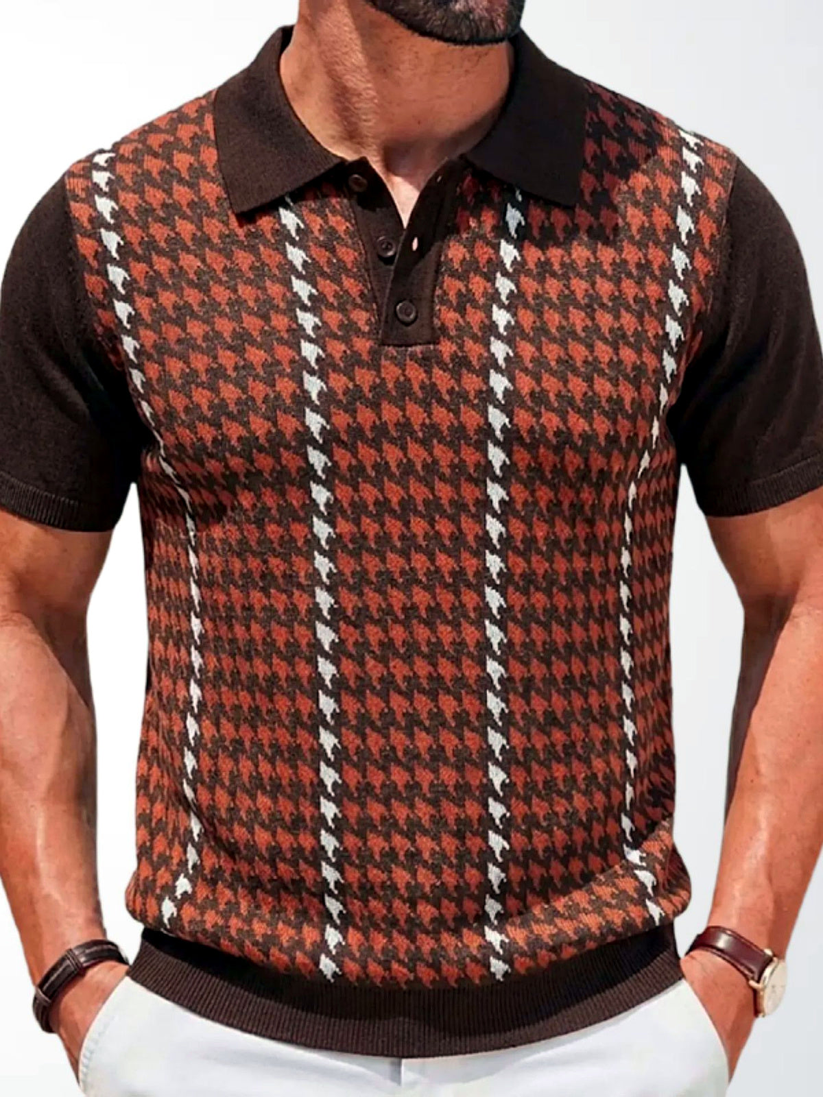 Men's Jacquard Knit Short Sleeve Polo Shirt Business Casual Summer Top in Red - product view