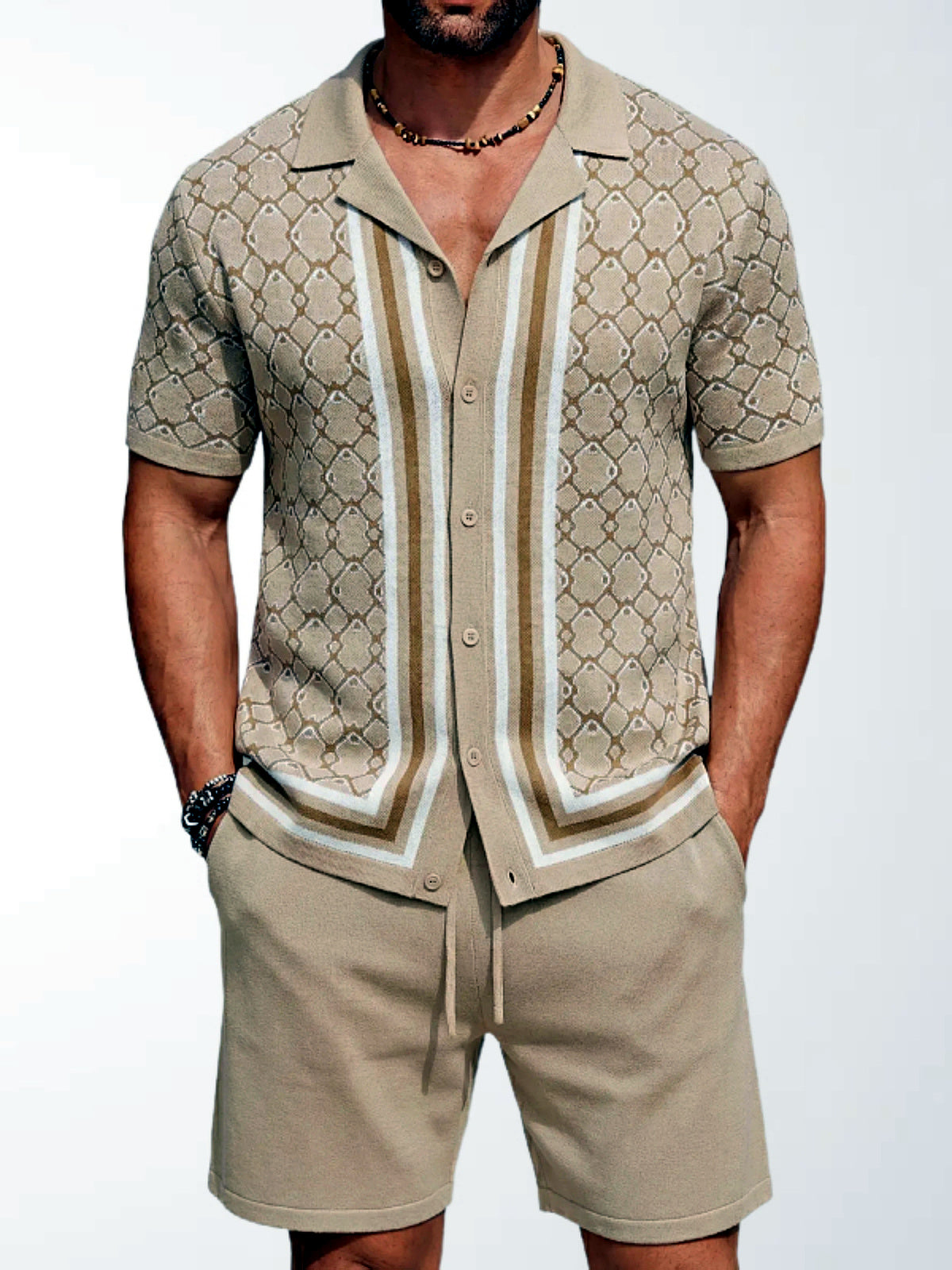Men's Lyocell Cotton Casual Bermuda Shorts Elastic Waist Summer Shorts in Khaki - product view