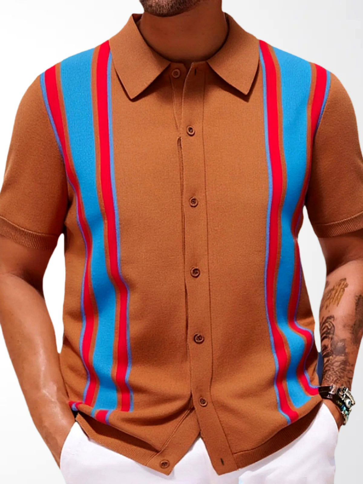 Men's Striped Jacquard Knit Short Sleeve Polo Shirt Business Casual Summer Top in Brown - product view