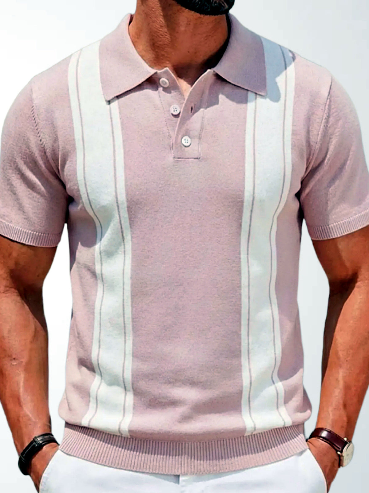 Men's Striped Jacquard Knit Short Sleeve Polo Shirt Business Casual Summer Top in Pink - product view