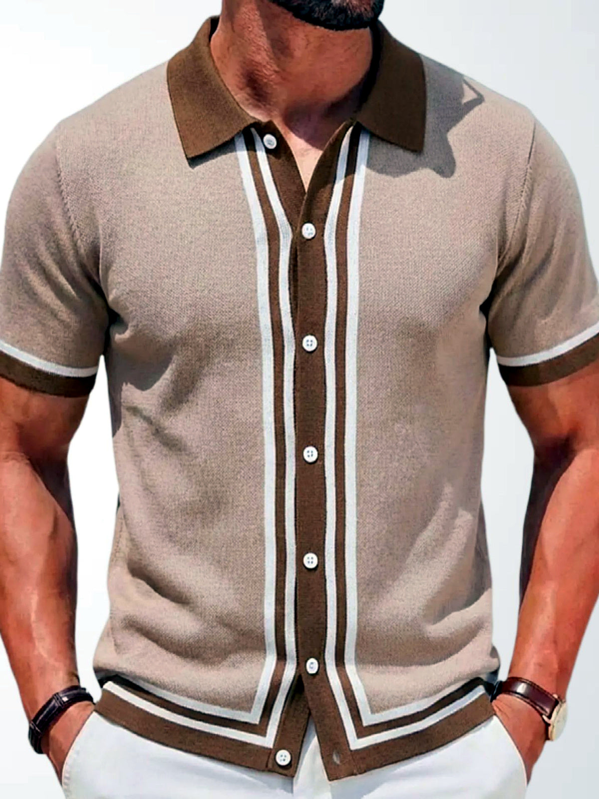 Men's Striped Jacquard Knit Short Sleeve Polo Shirt Business Casual Summer Top in Pink - product view