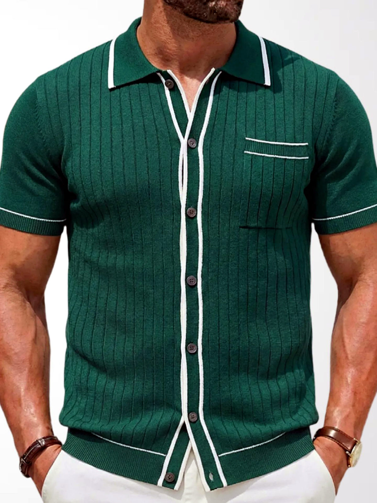 Men's Jacquard Knit Short Sleeve Polo Shirt Business Casual Summer Top in Green - product view