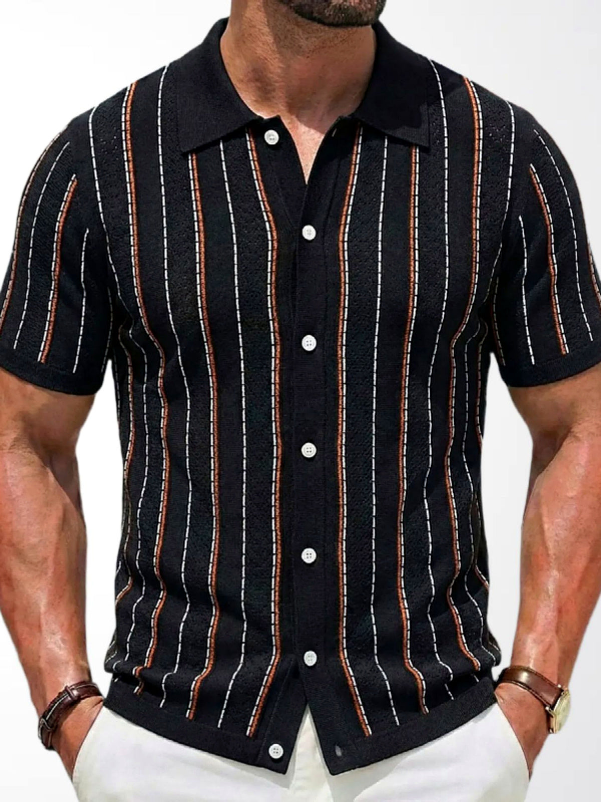 Men's Striped Jacquard Knit Short Sleeve Polo Shirt Business Casual Summer Top in Black - product view
