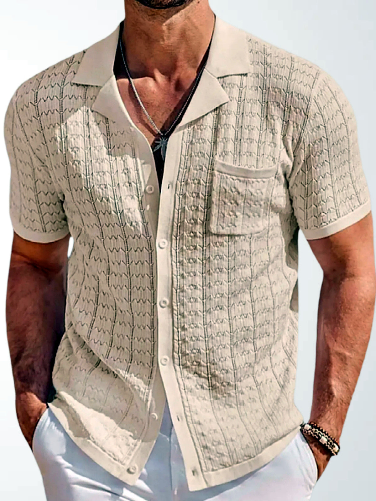 Men's Jacquard Knit Short Sleeve Polo Shirt Business Casual Summer Top in Khaki - product view
