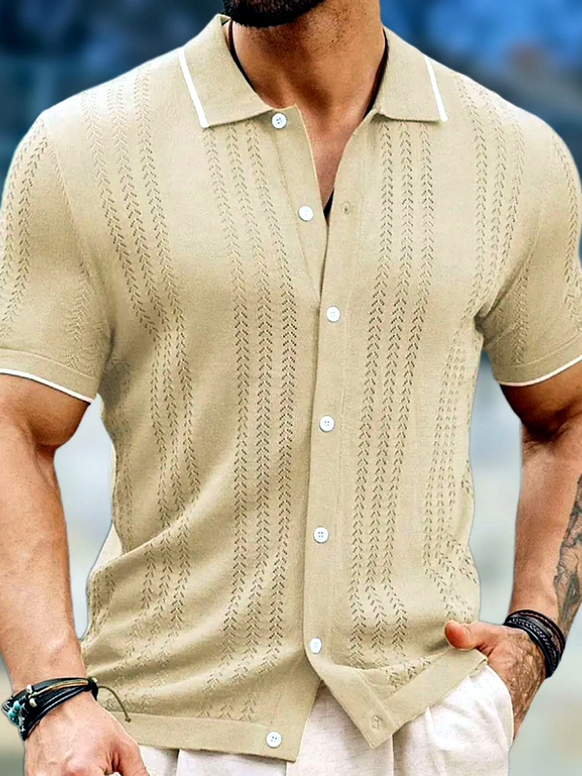 Men's Jacquard Knit Short Sleeve Polo Shirt Business Casual Summer Top in Khaki - product view