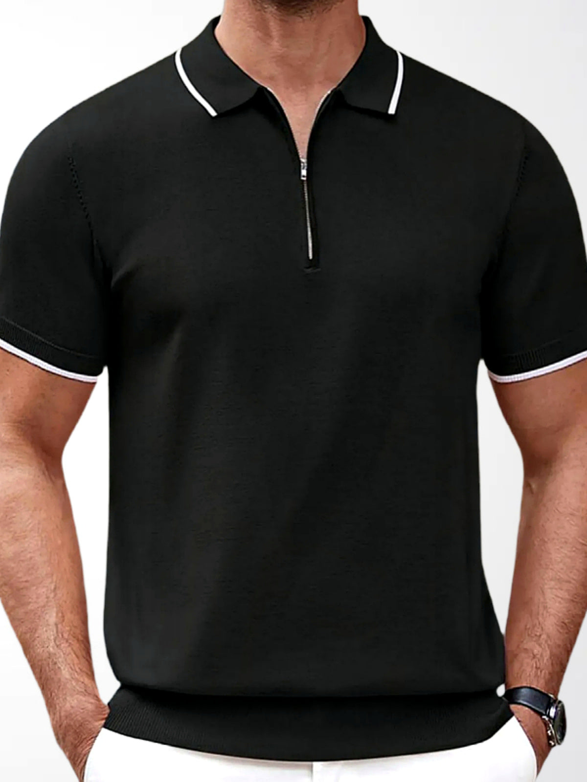 Men's Jacquard Knit Short Sleeve Polo Shirt Business Casual Summer Top in Black - product view