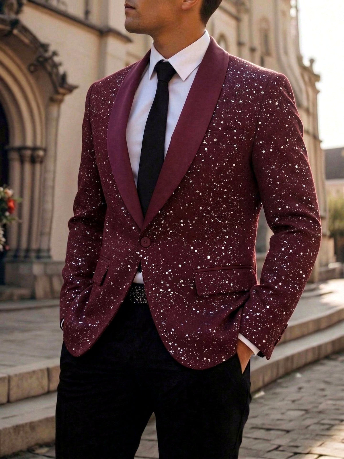 Men's Jacquard Blazer Suit Jacket One Button Party Banquet Formal Outfit in Burgundy - product view