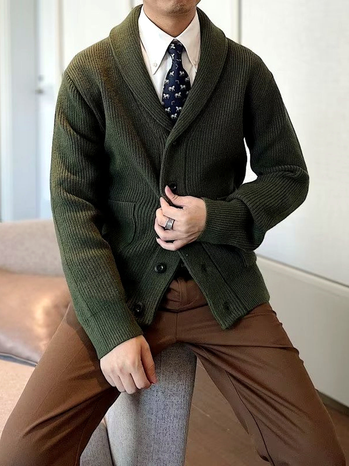 Men's V-Neck Long Sleeve Knit Cardigan Casual in Green - product view