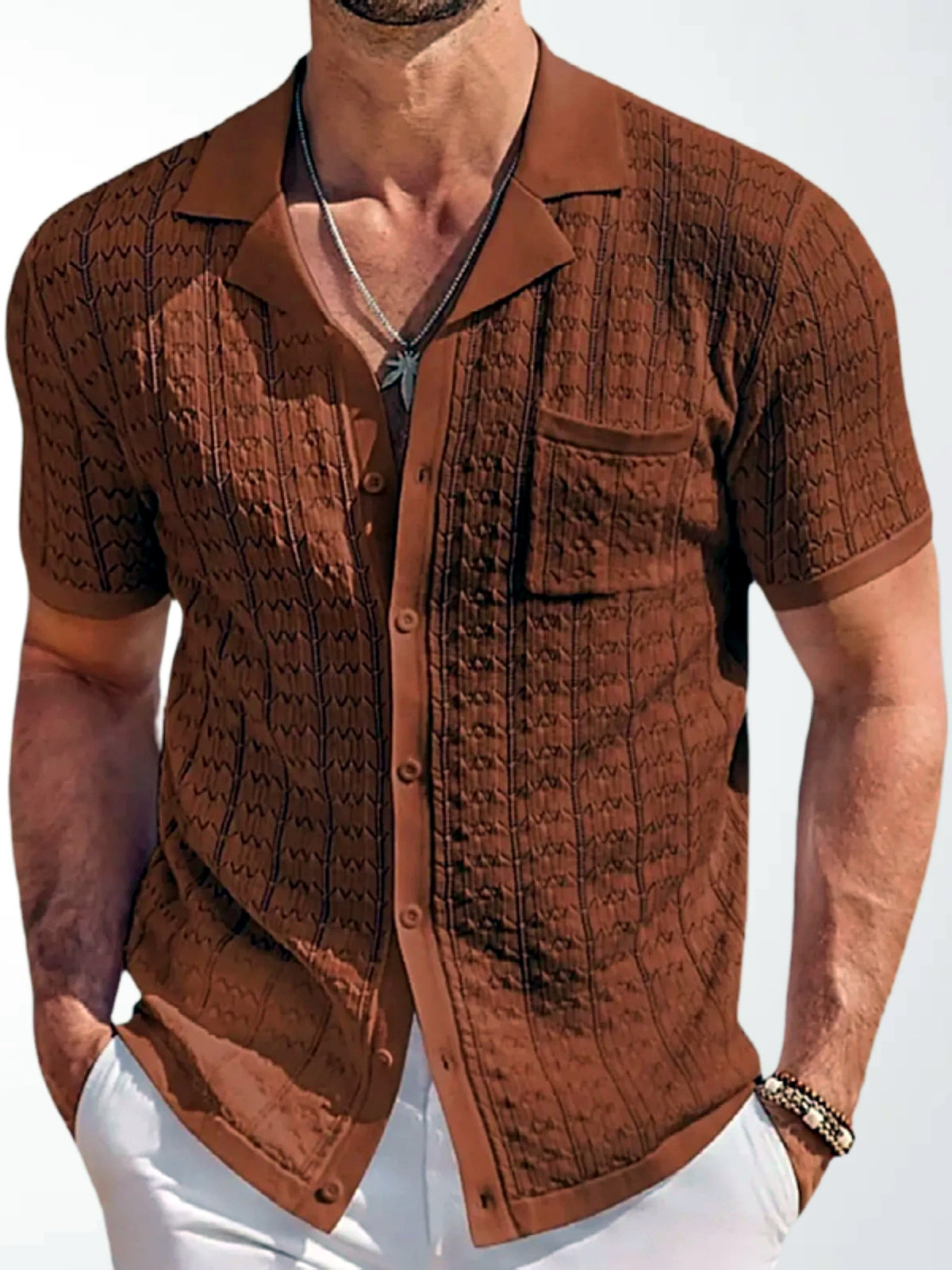 Men's Jacquard Knit Short Sleeve Polo Shirt Business Casual Summer Top - product detail view 1