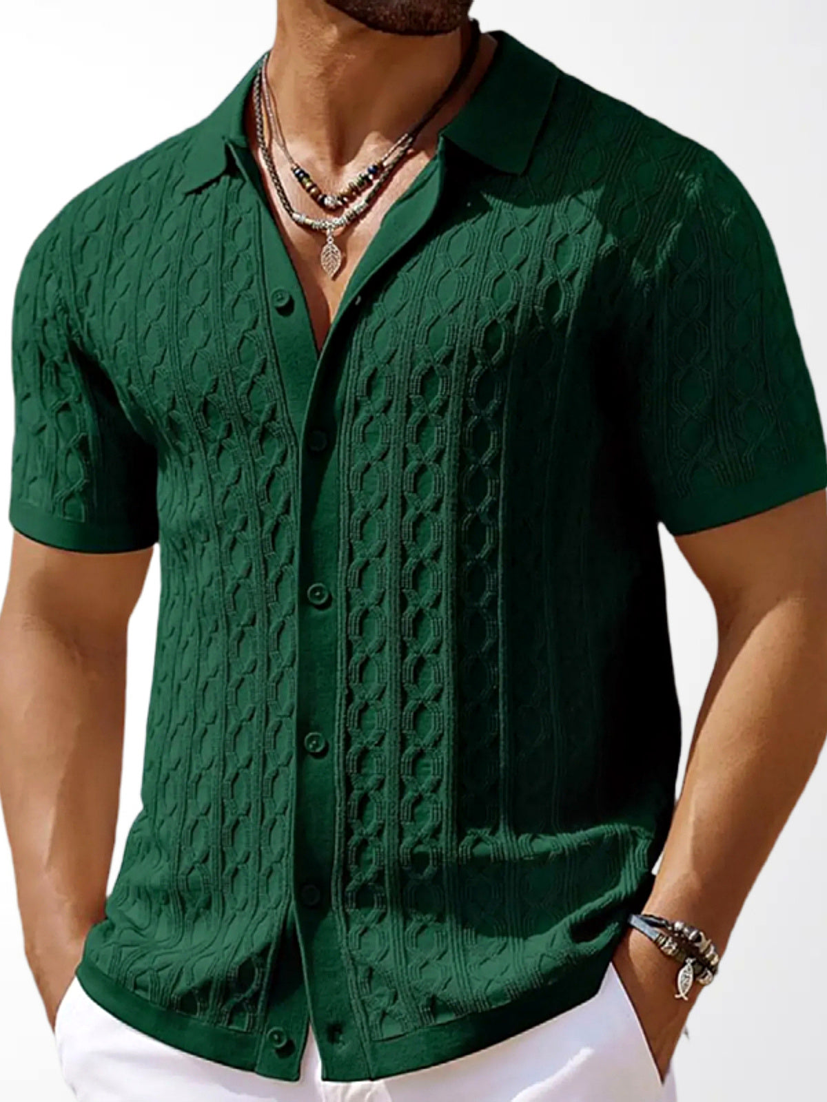 Men's Jacquard Knit Short Sleeve Polo Shirt Business Casual Summer Top in Green - product view
