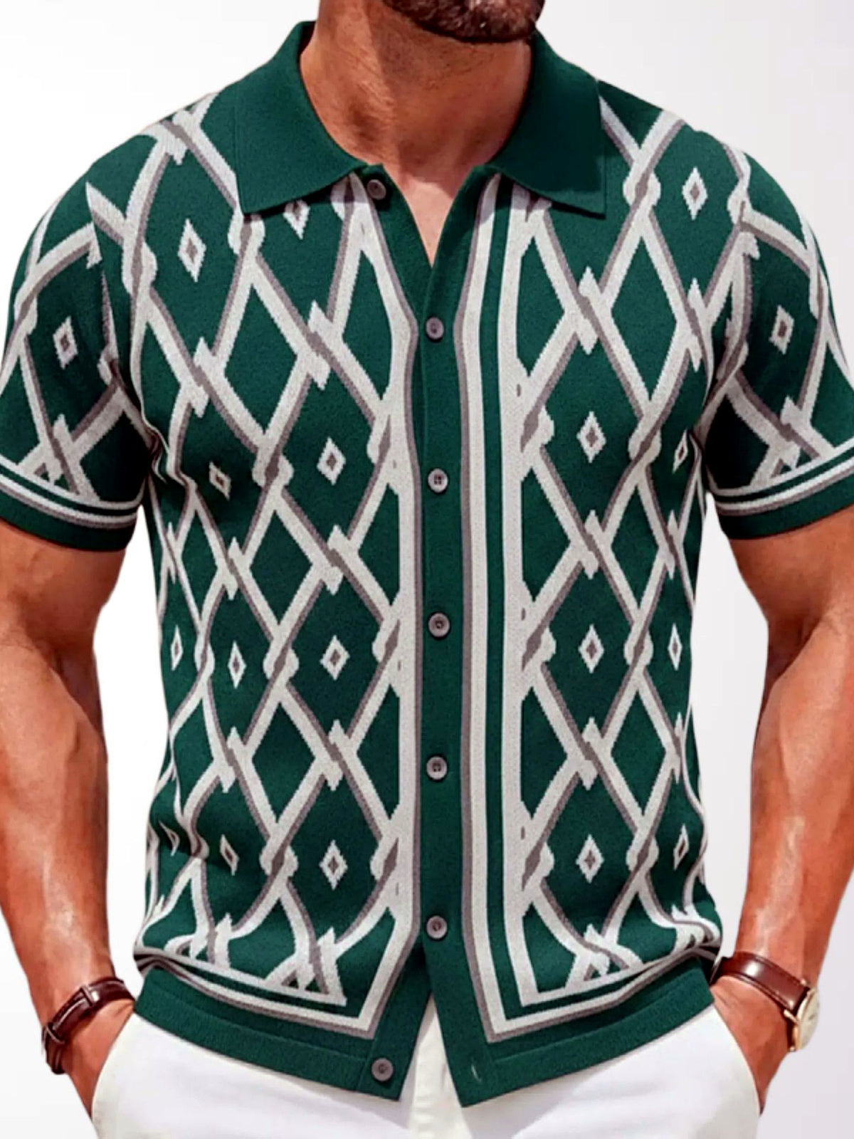 Men's Jacquard Knit Short Sleeve Polo Shirt Business Casual Summer Top in Green - product view