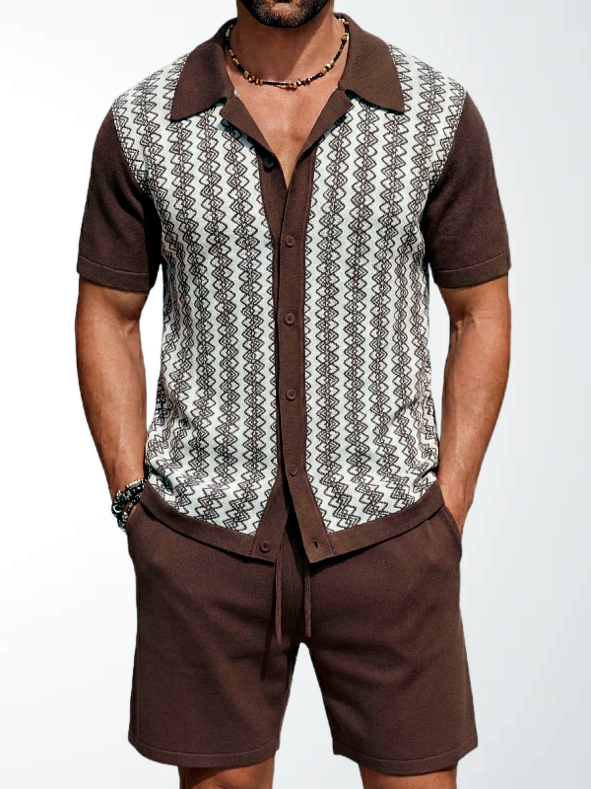 Men's Lyocell Cotton Casual Bermuda Shorts Elastic Waist Summer Shorts in Brown - product view