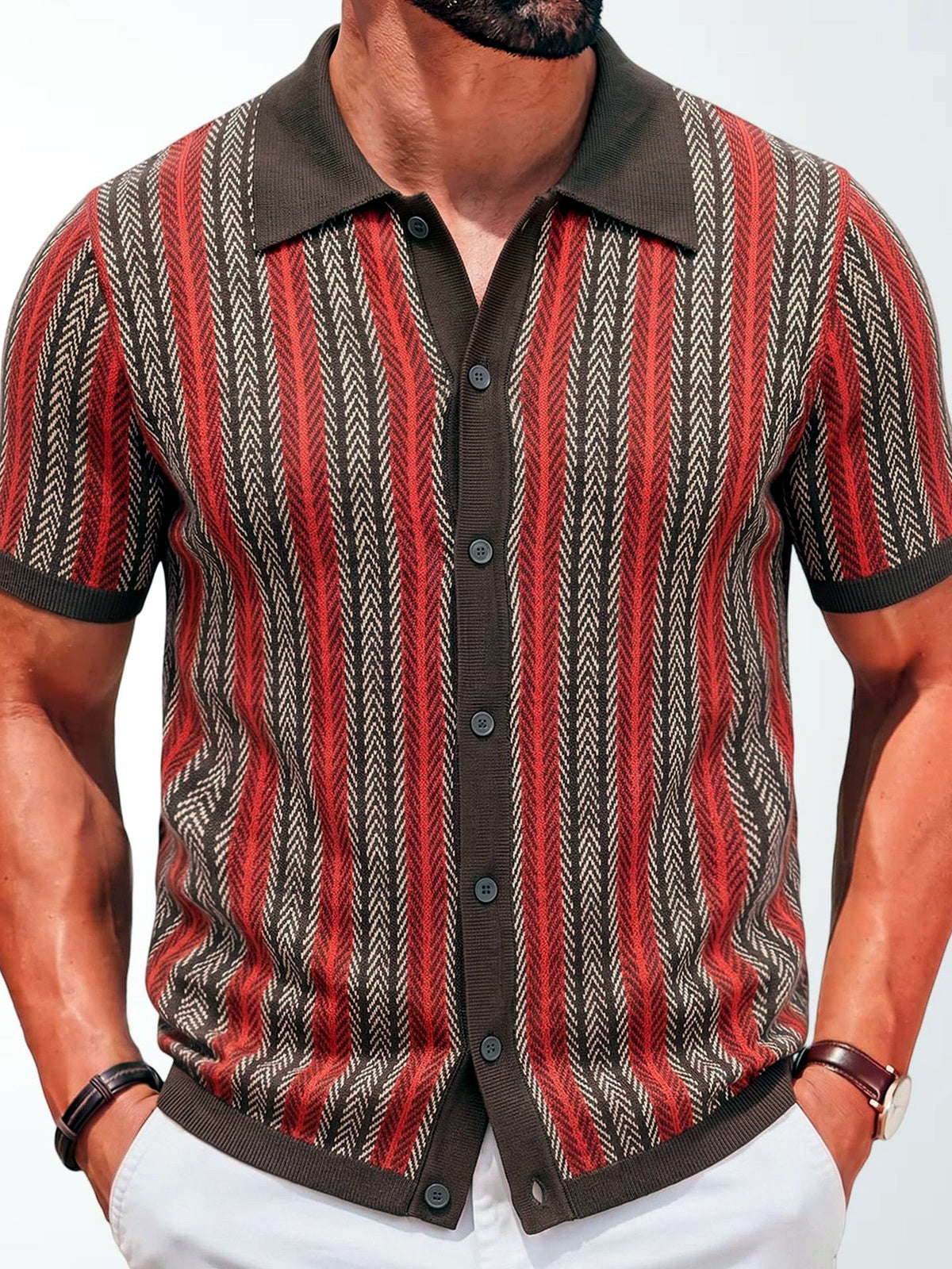 Men's Striped Jacquard Knit Short Sleeve Polo Shirt Business Casual Summer Top in Red - product view