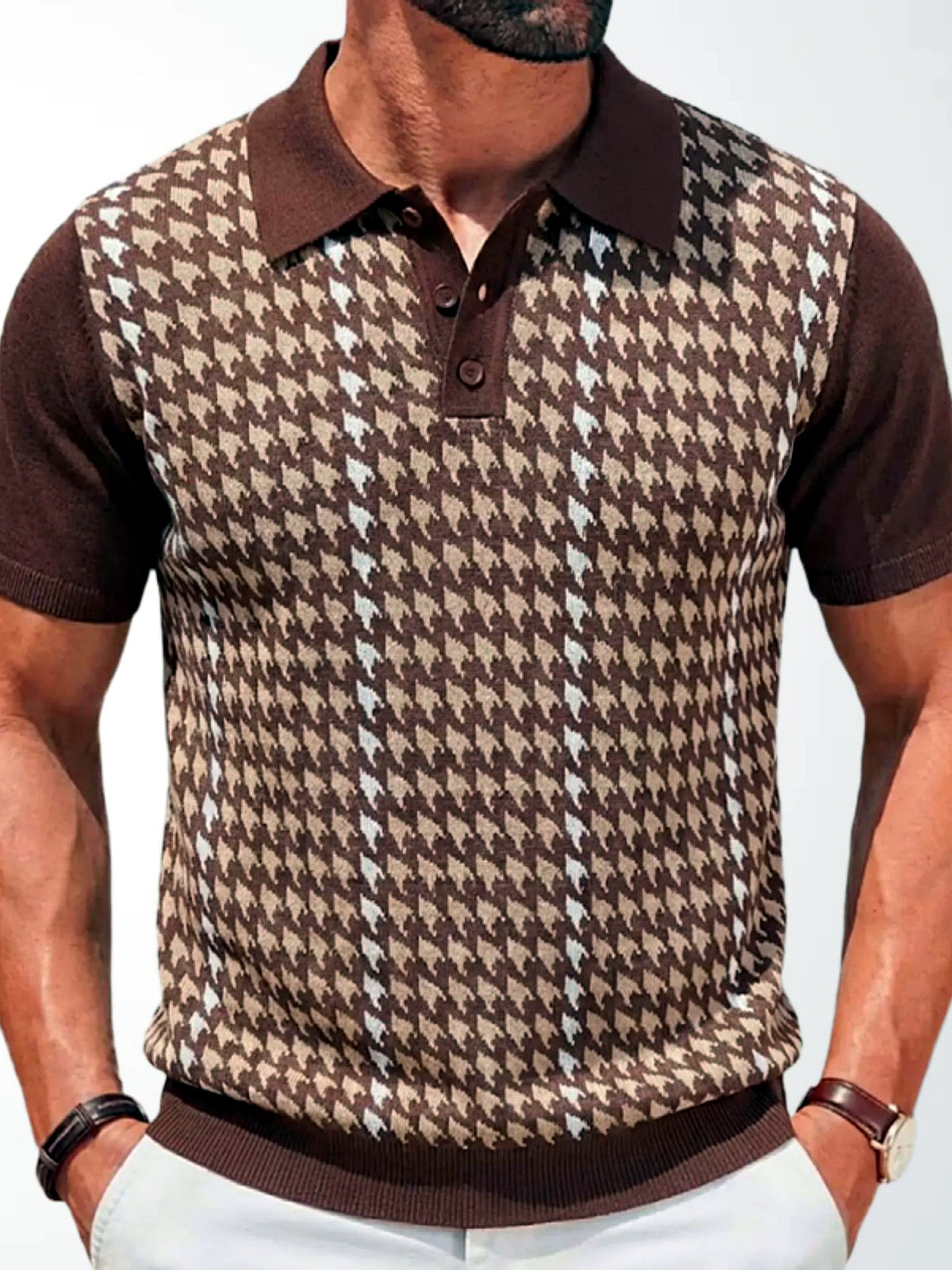 Men's Jacquard Knit Short Sleeve Polo Shirt Business Casual Summer Top in Yellow - product view
