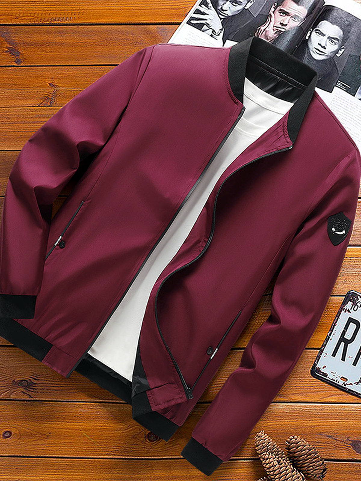 Men's Stand Collar Solid Color Slim Fit Long Sleeve Jacket for Everyday Smart-Casual Wear in Burgundy - product view